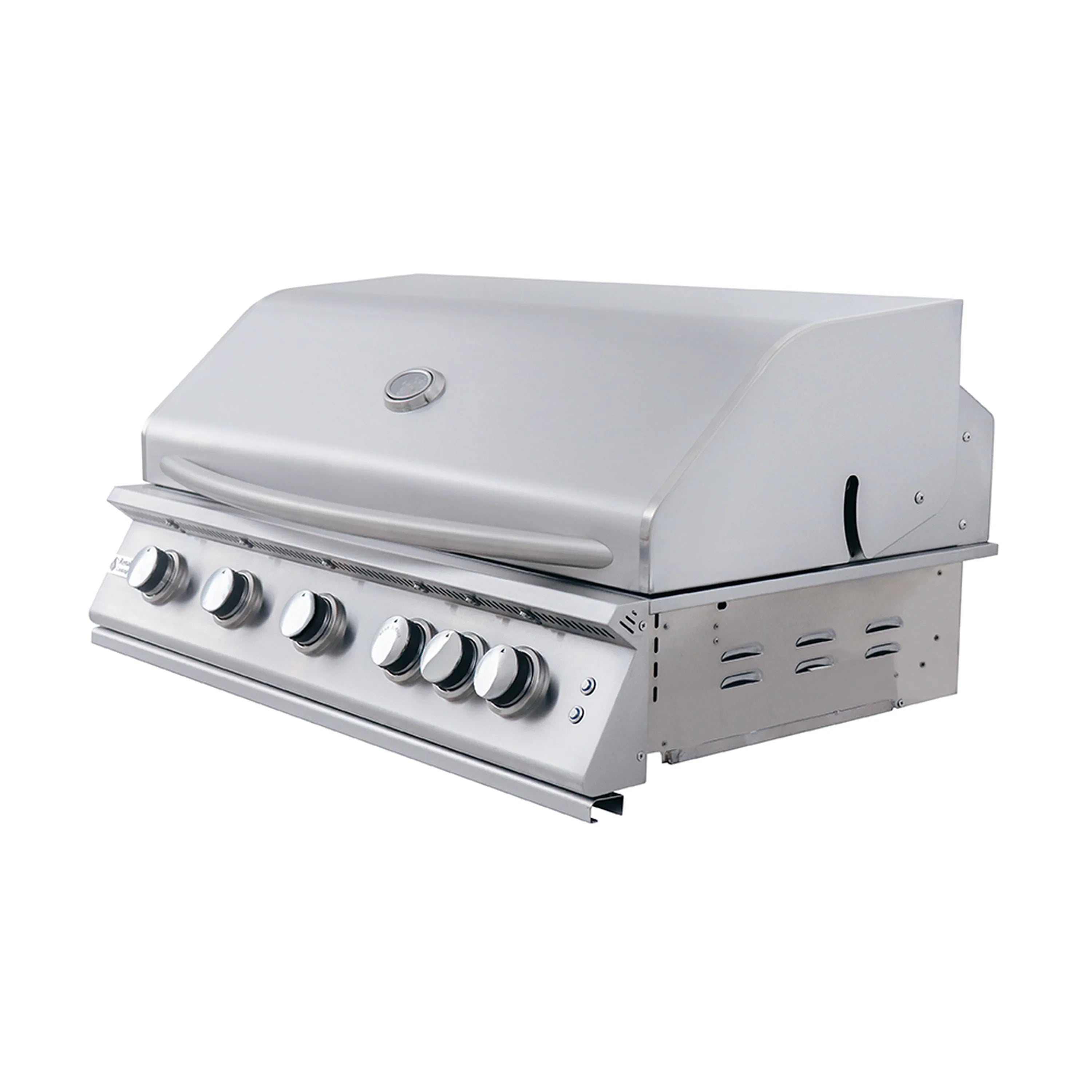 Stainless steel natural gas grill with closed lid, side handle, and front control knobs
