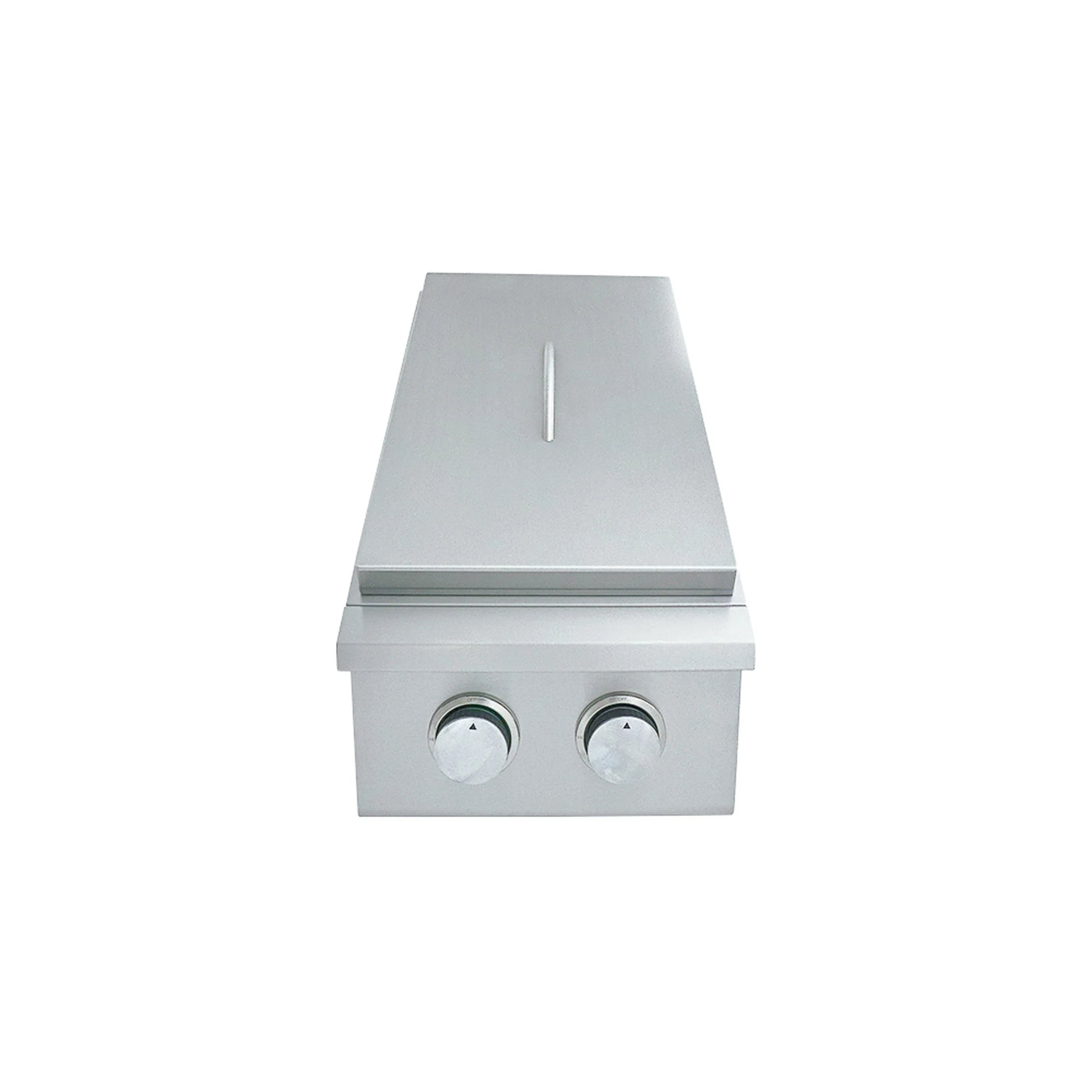Stainless side burner with back panel and two round control knobs