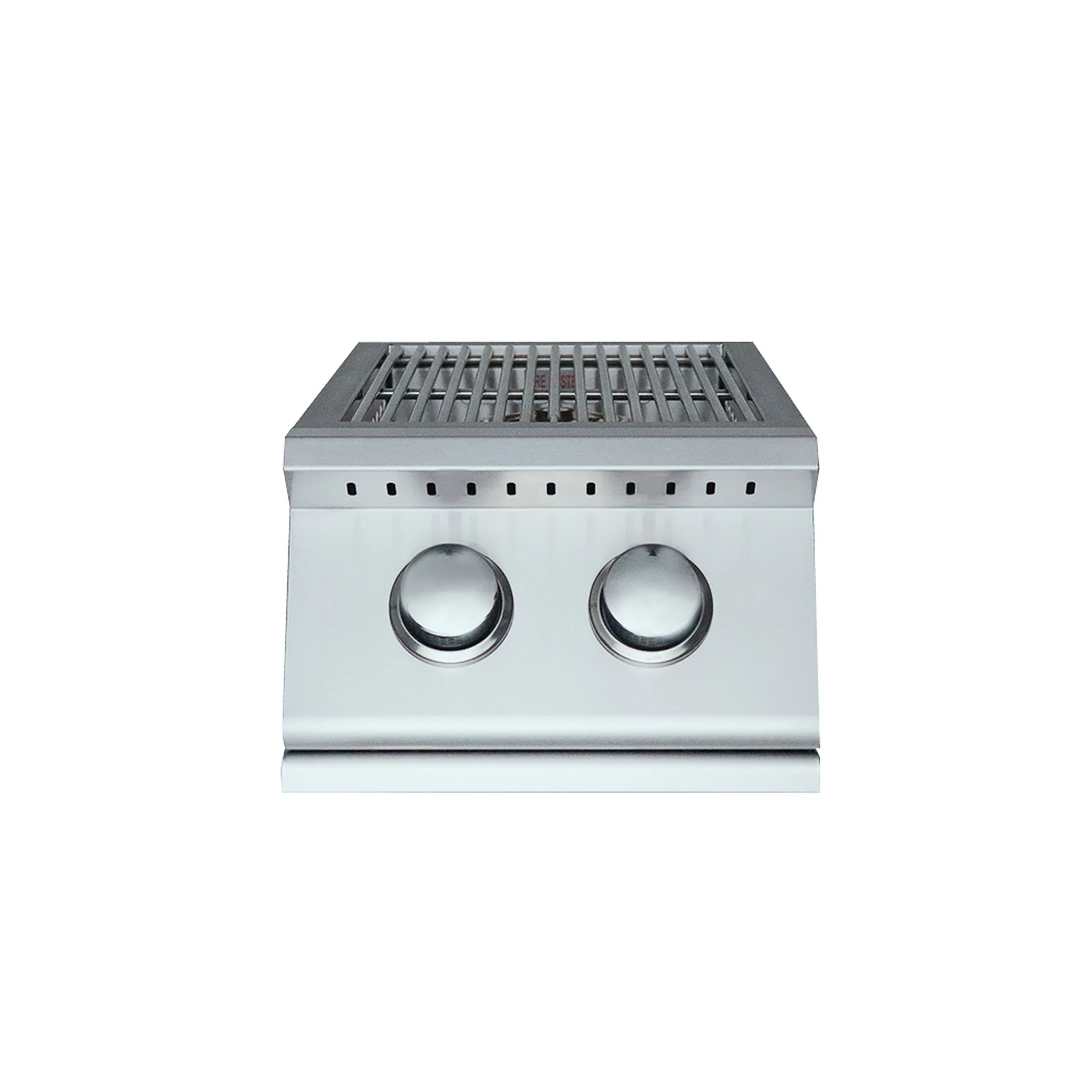 Stainless steel side burner with ribbed grate and two large control knobs