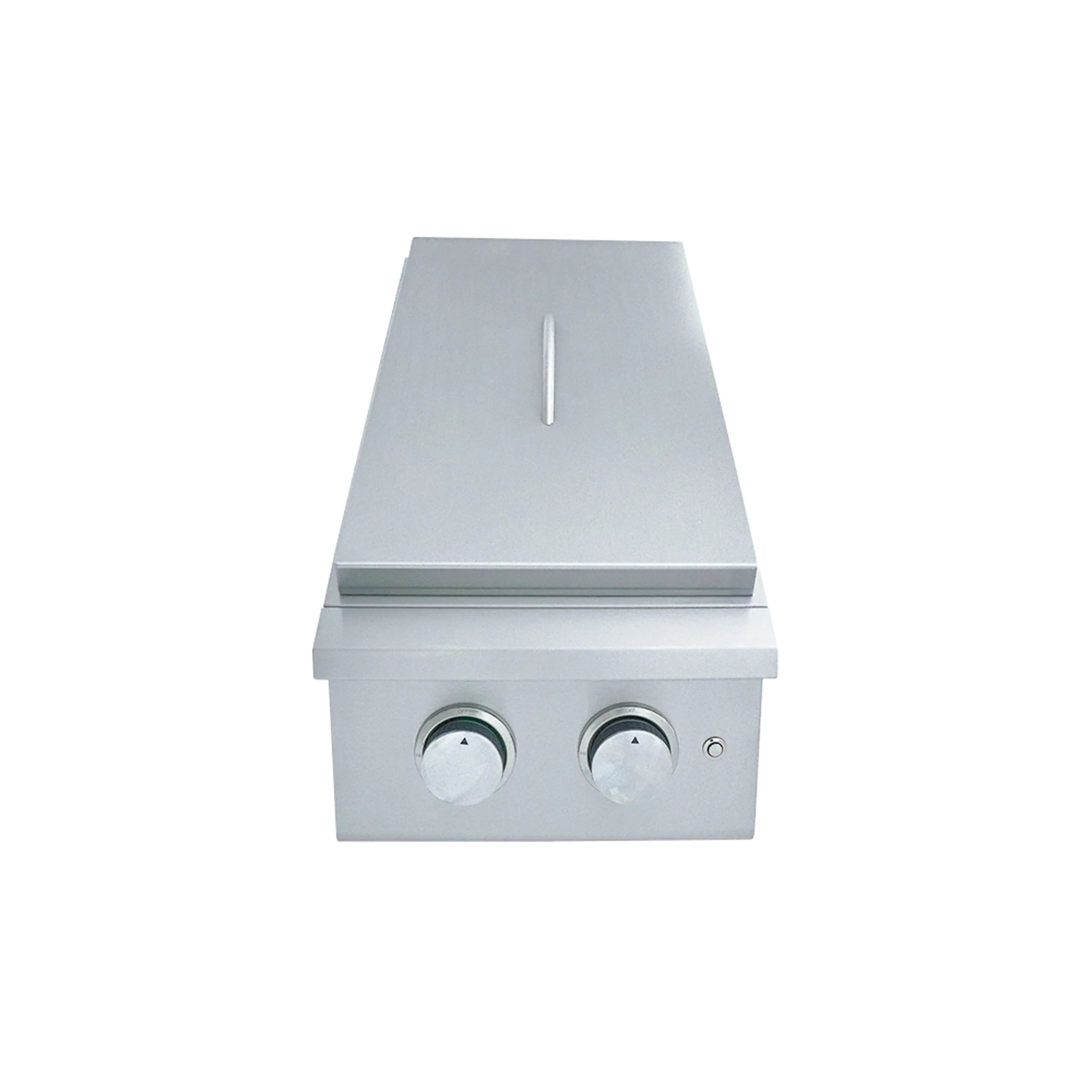 Stainless steel double side burner with two knobs and blue LED indicator lights