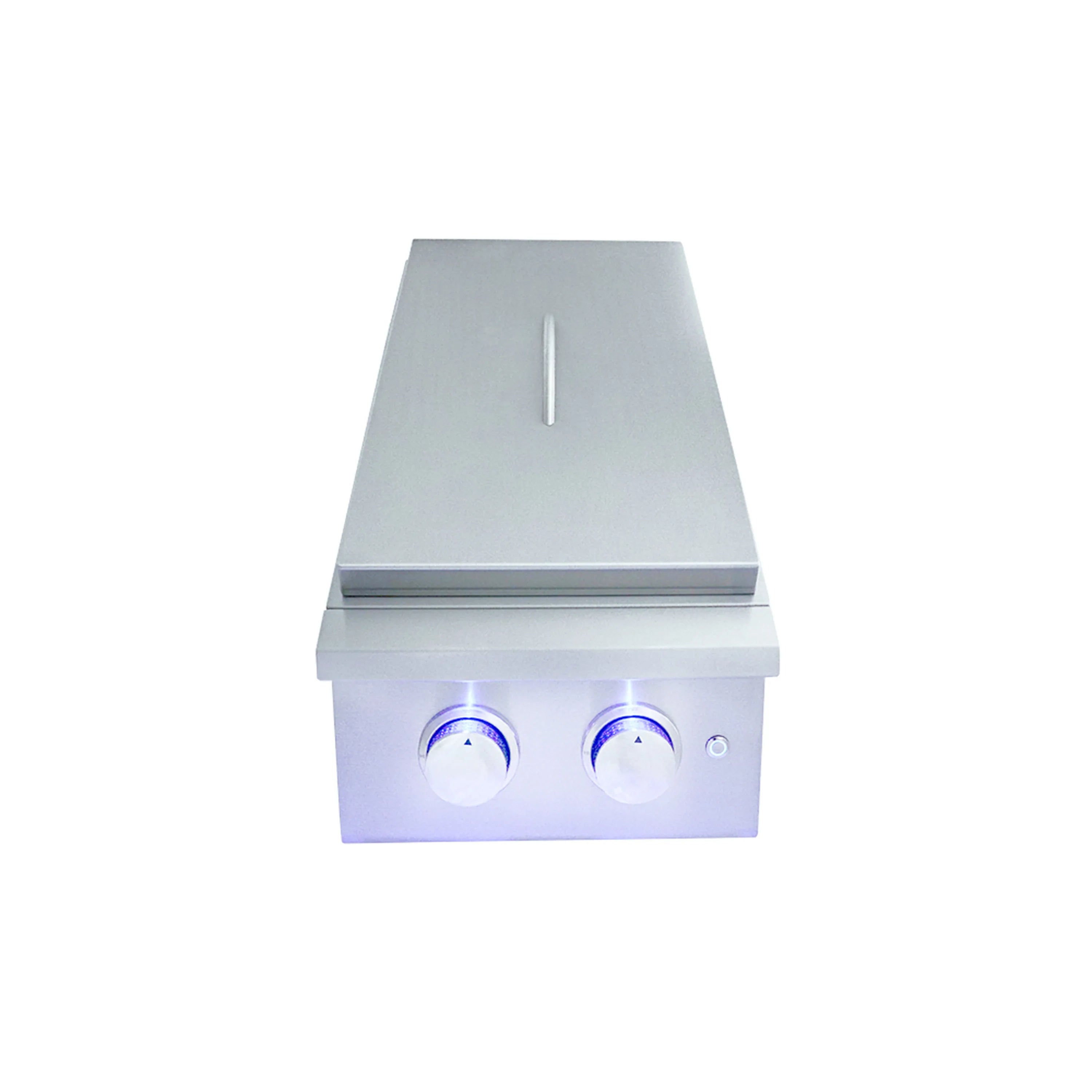 Stainless steel double side gas burner with two round knobs and blue LED indicators