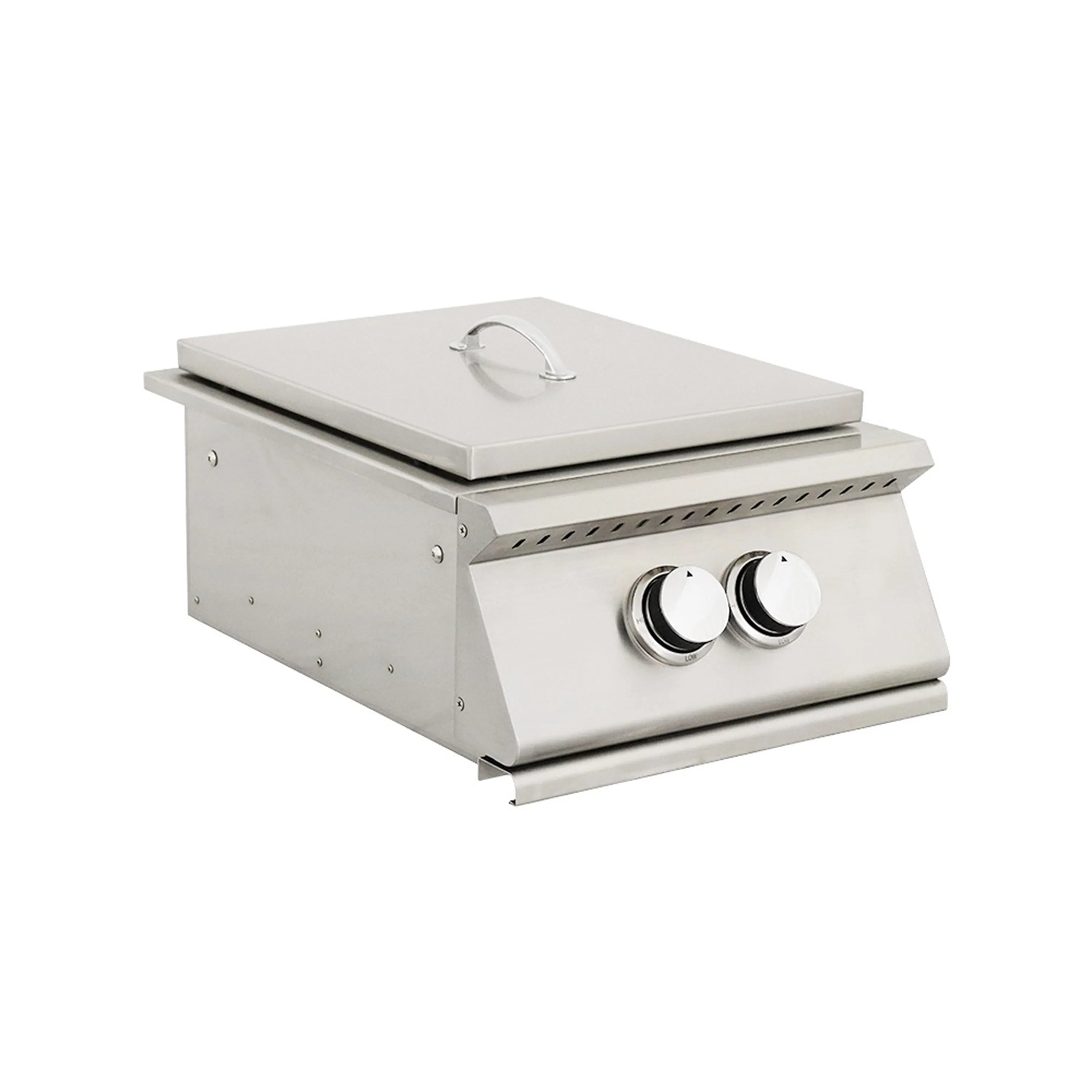 Stainless steel propane gas power burner with two control knobs and closed lid