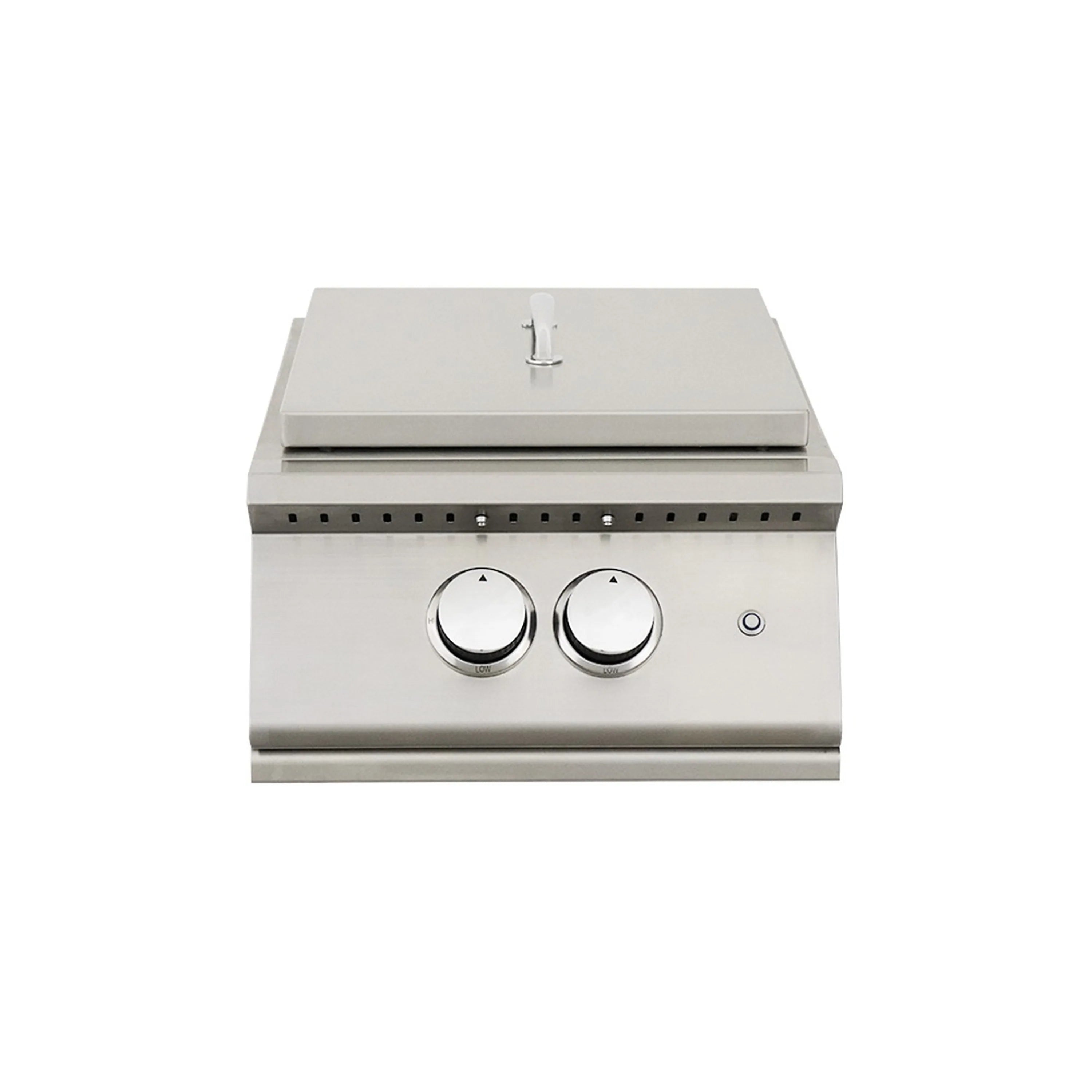 Stainless steel gas power burner with two front knobs and a flip-up cover