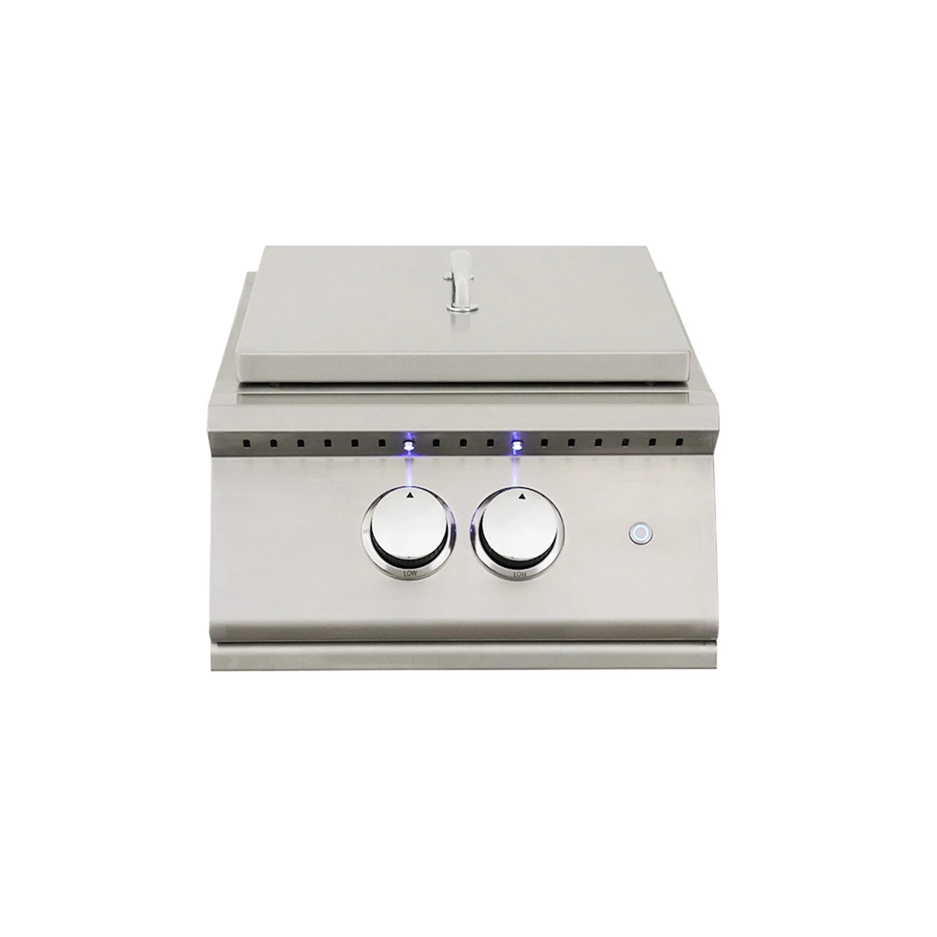Stainless steel gas power burner with two front knobs and blue LED lights