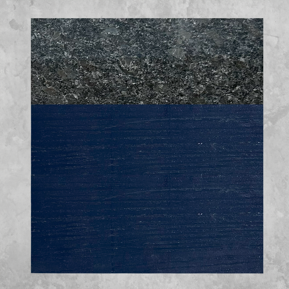 FINISH SWATCH - black granite with blue cabinet