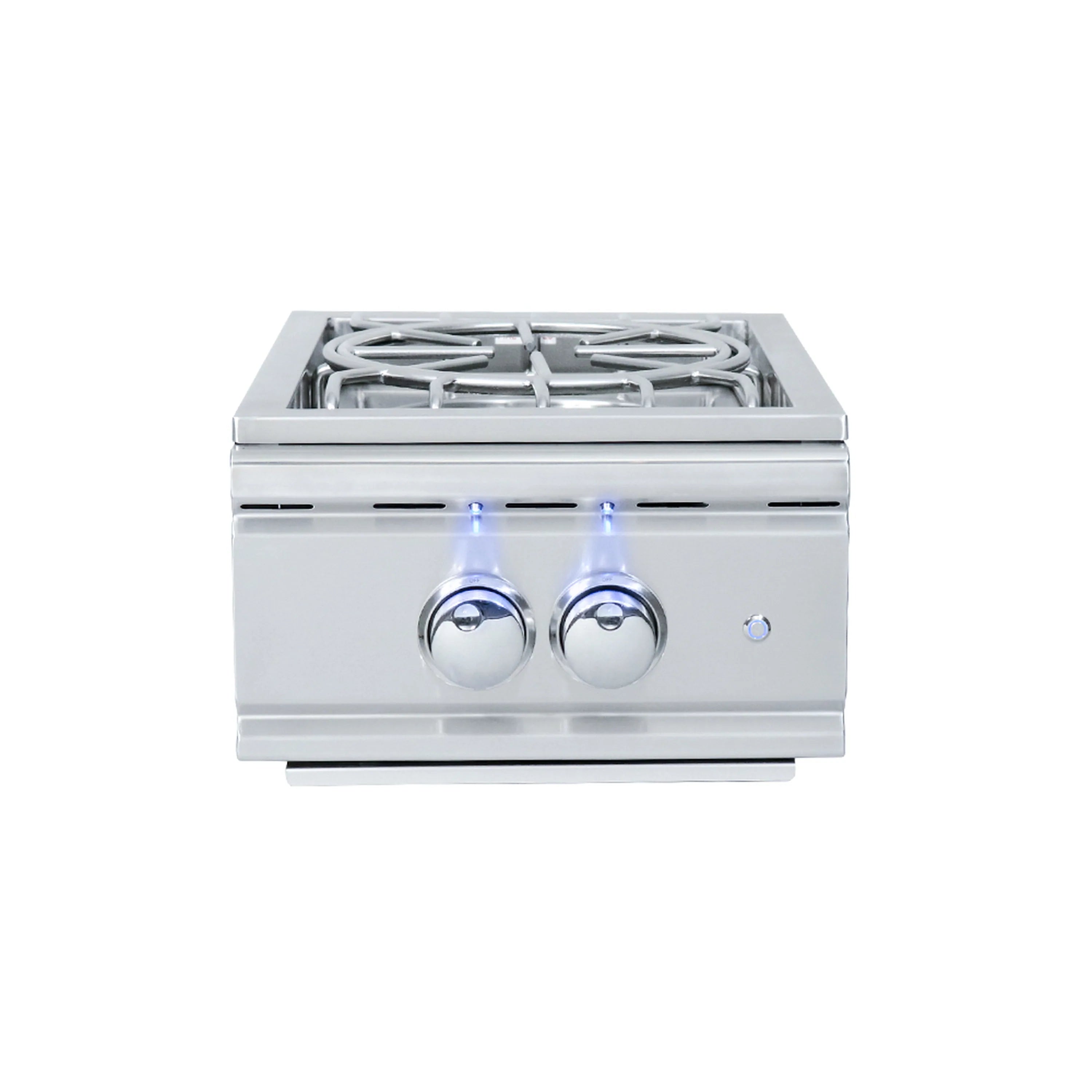 Stainless steel propane side burner with two blue LED knobs and gas grate