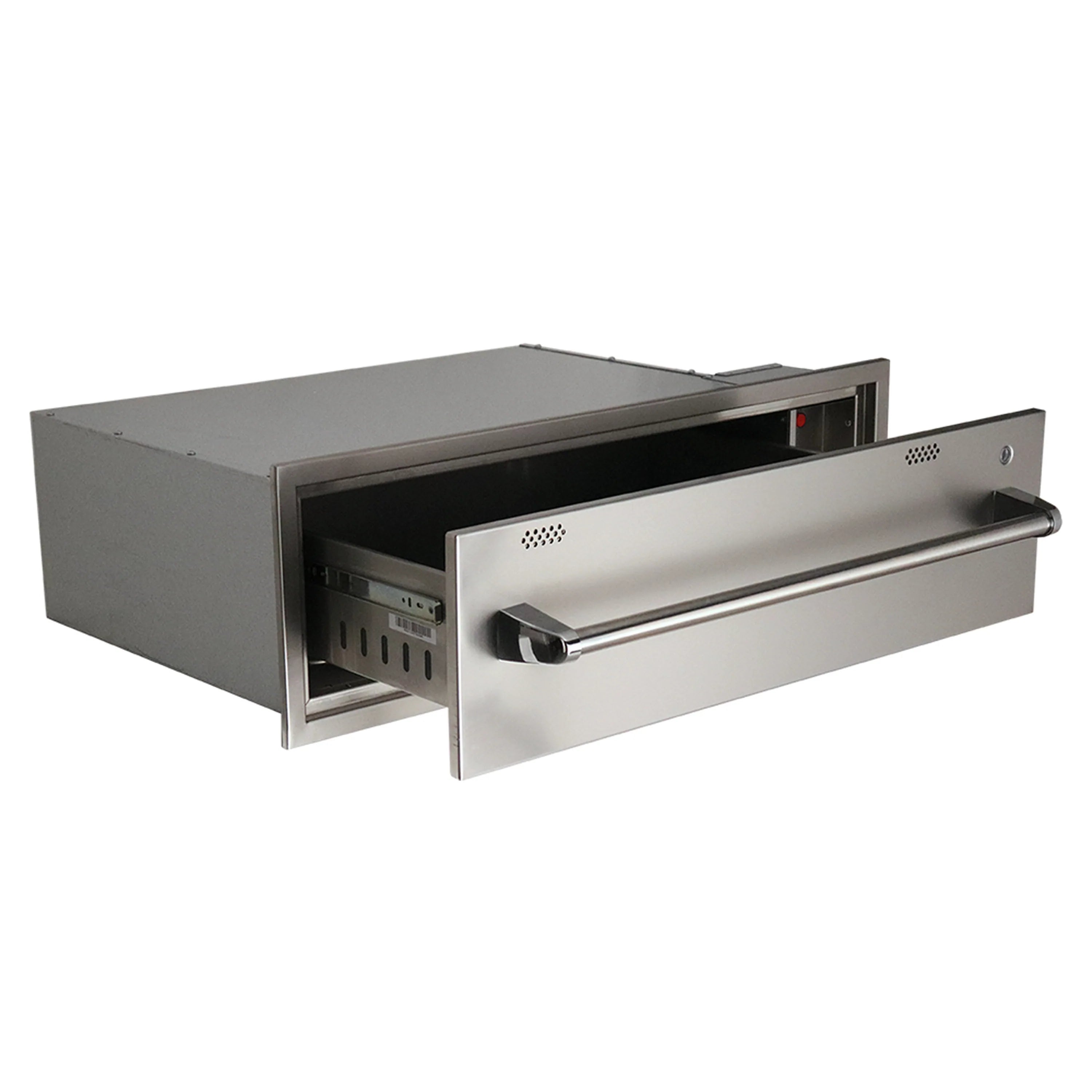 Stainless electric warming drawer open with interior vents and control panel