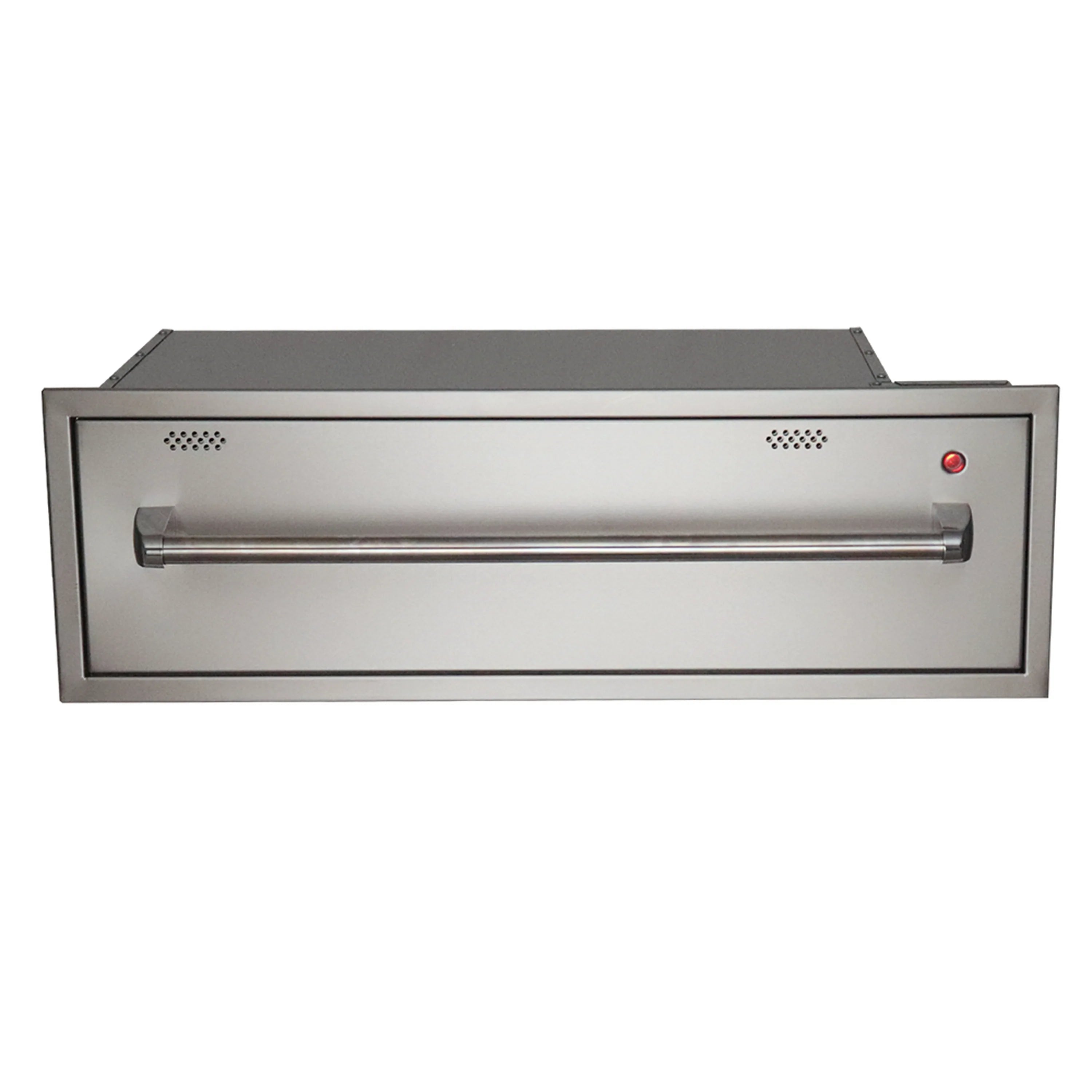 Stainless electric warming drawer with front handle and indicator light
