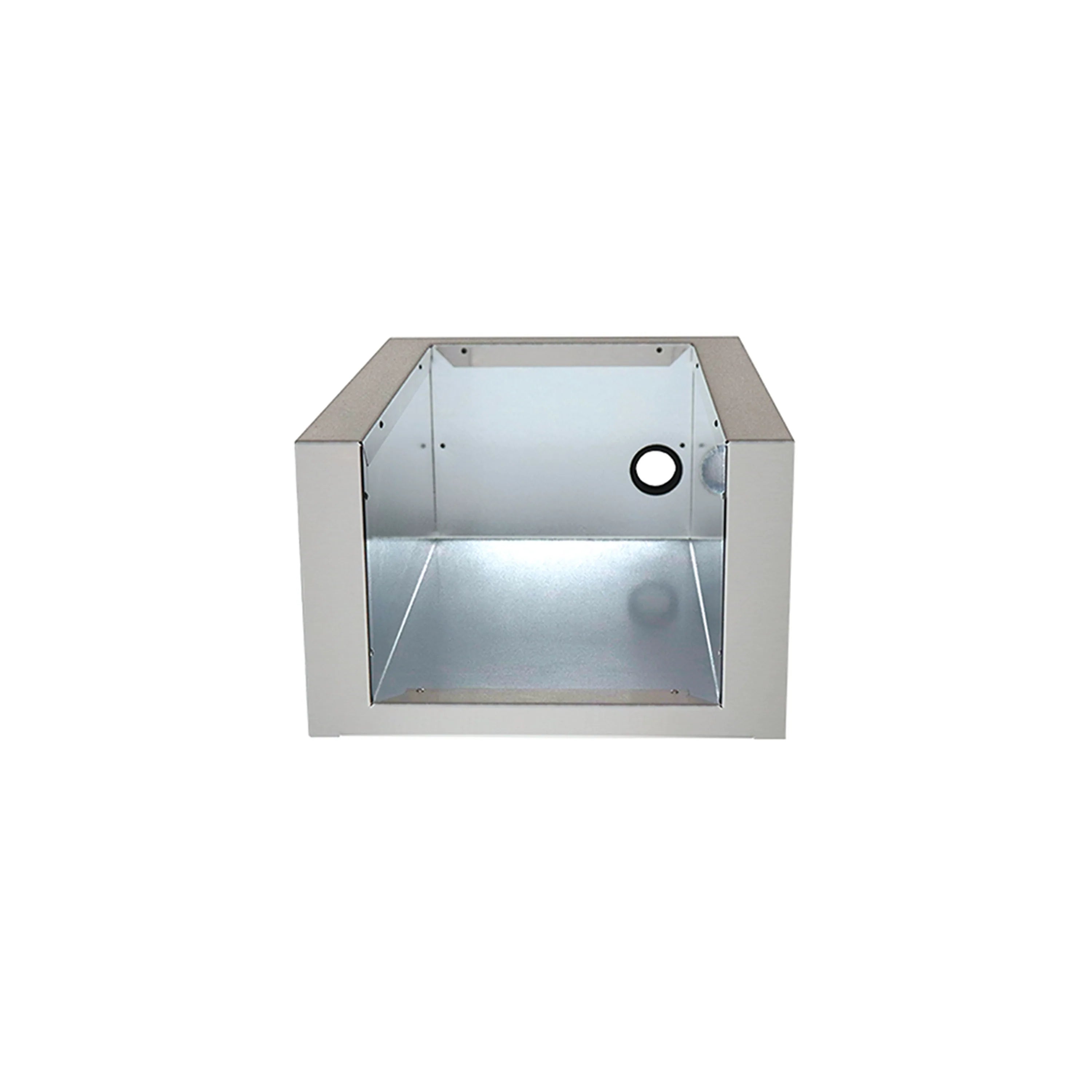 Stainless steel grill liner box with open interior and round side cutout