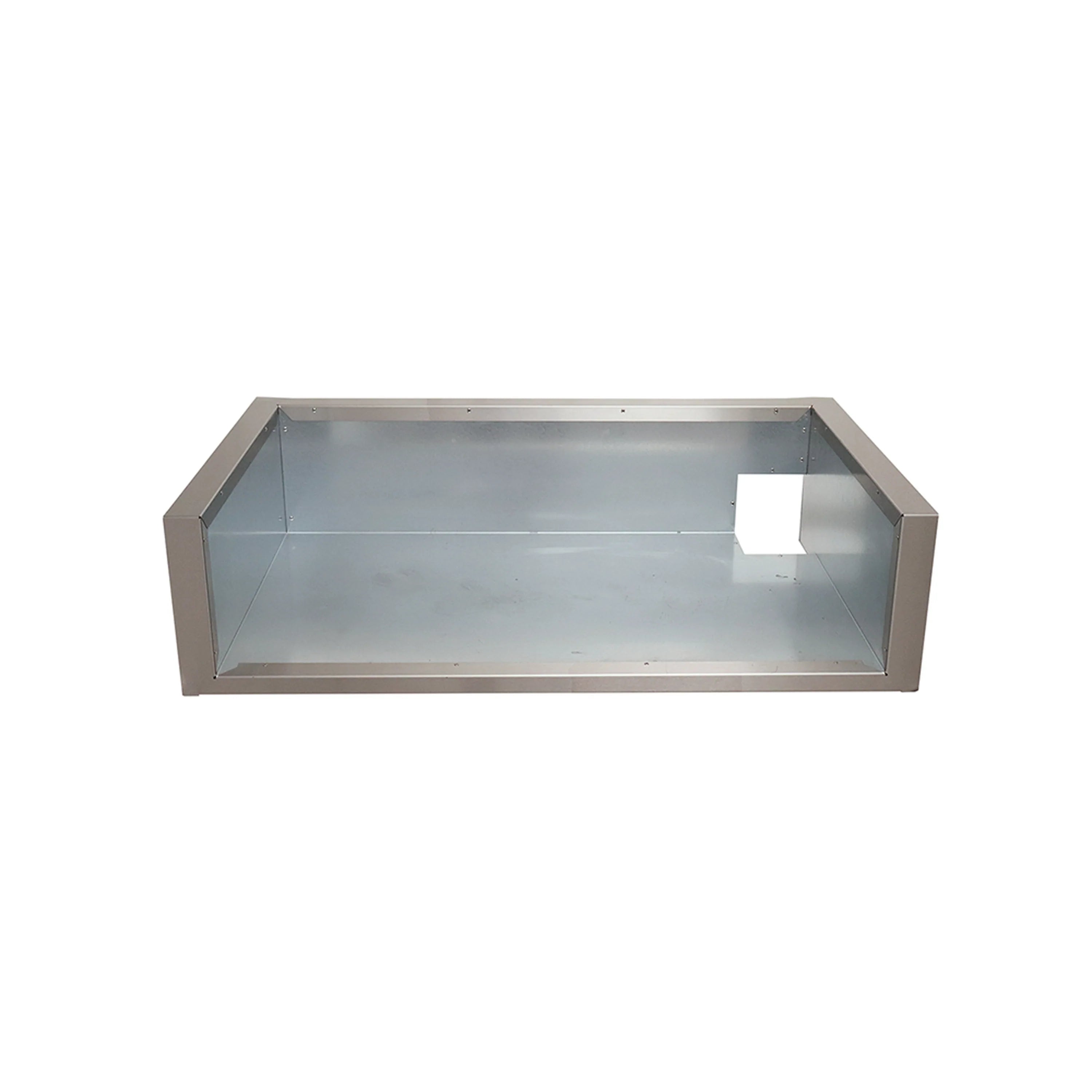 Stainless steel grill liner jacket tray, rectangular open box with light blue interior
