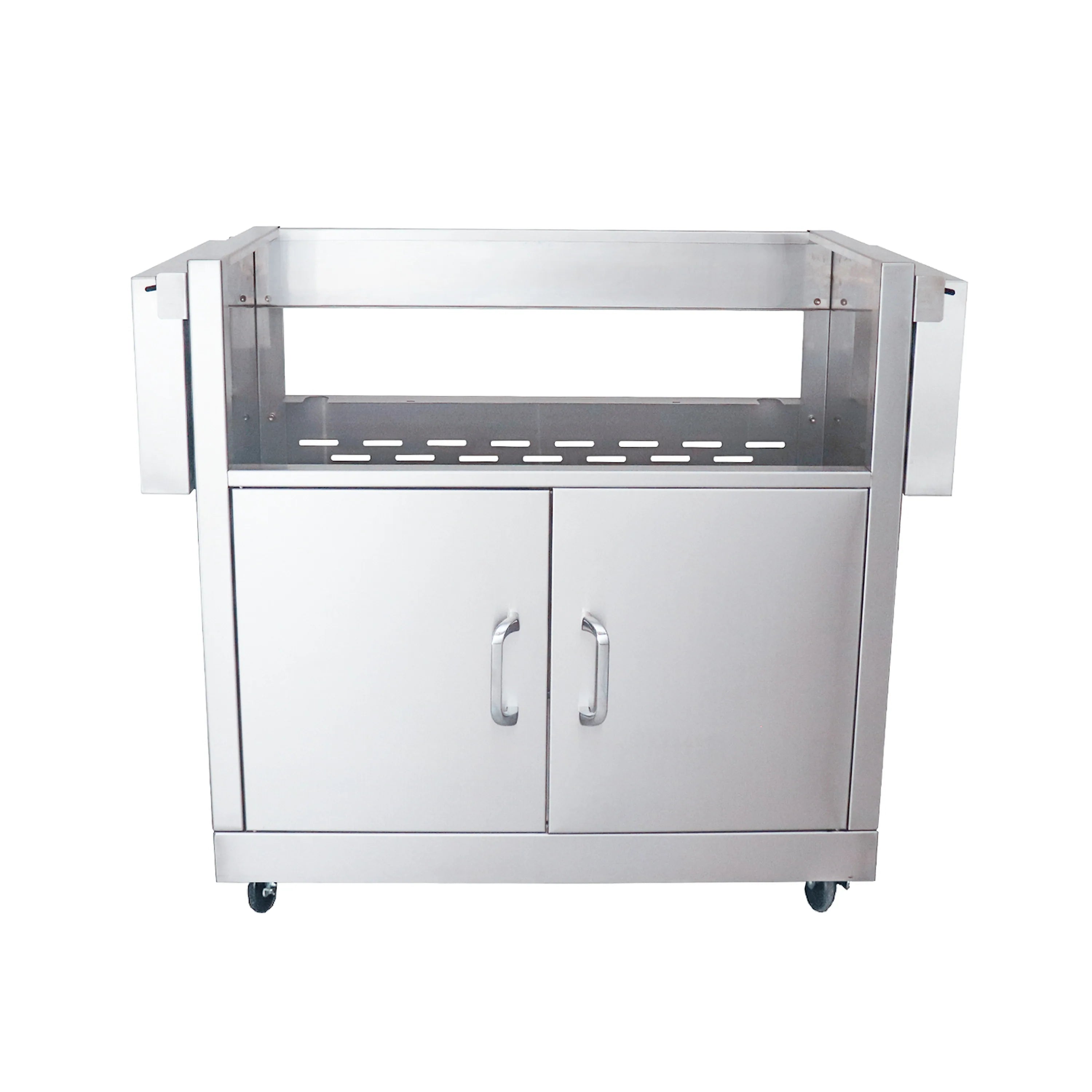White stainless steel cart with double doors, open top chamber with grate bars, on casters.