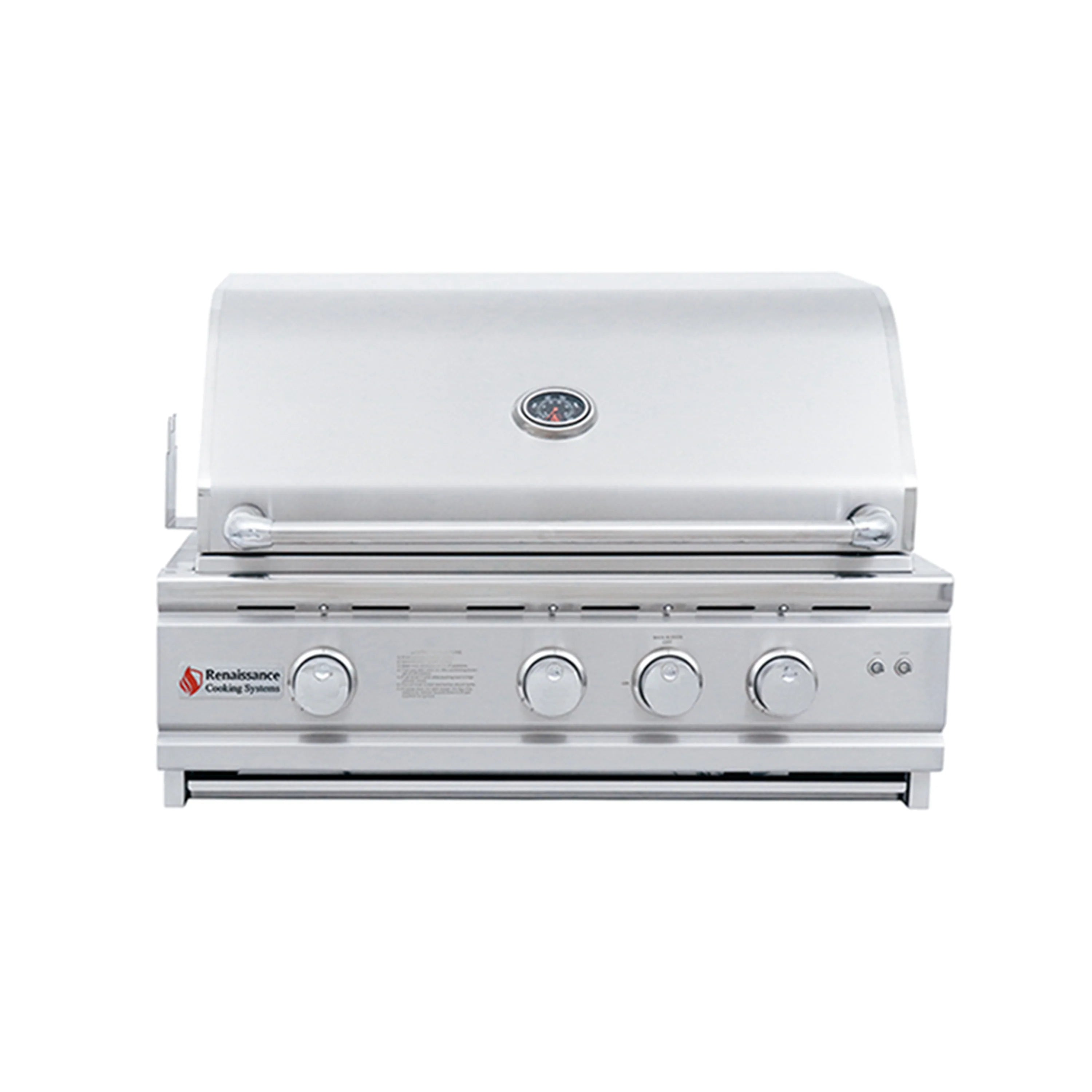 Stainless steel natural gas grill with closed lid and front row of control knobs