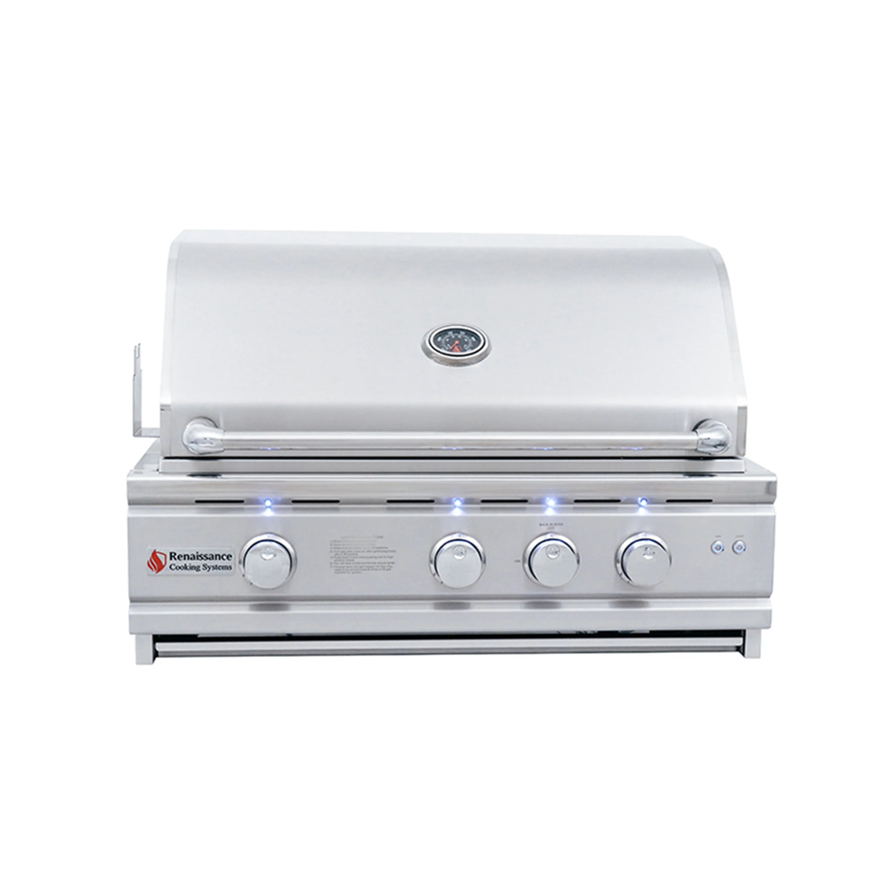 Stainless steel natural gas grill with closed lid, front control knobs, and blue LED lights