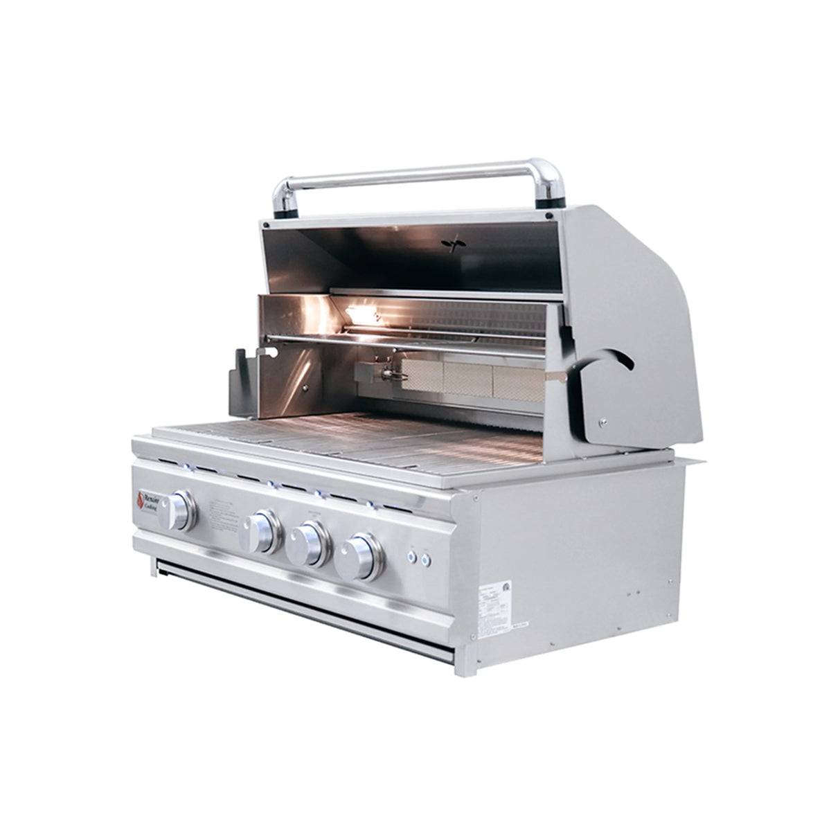 Natural gas grill with open hood, illuminated burner area, and cooking surface