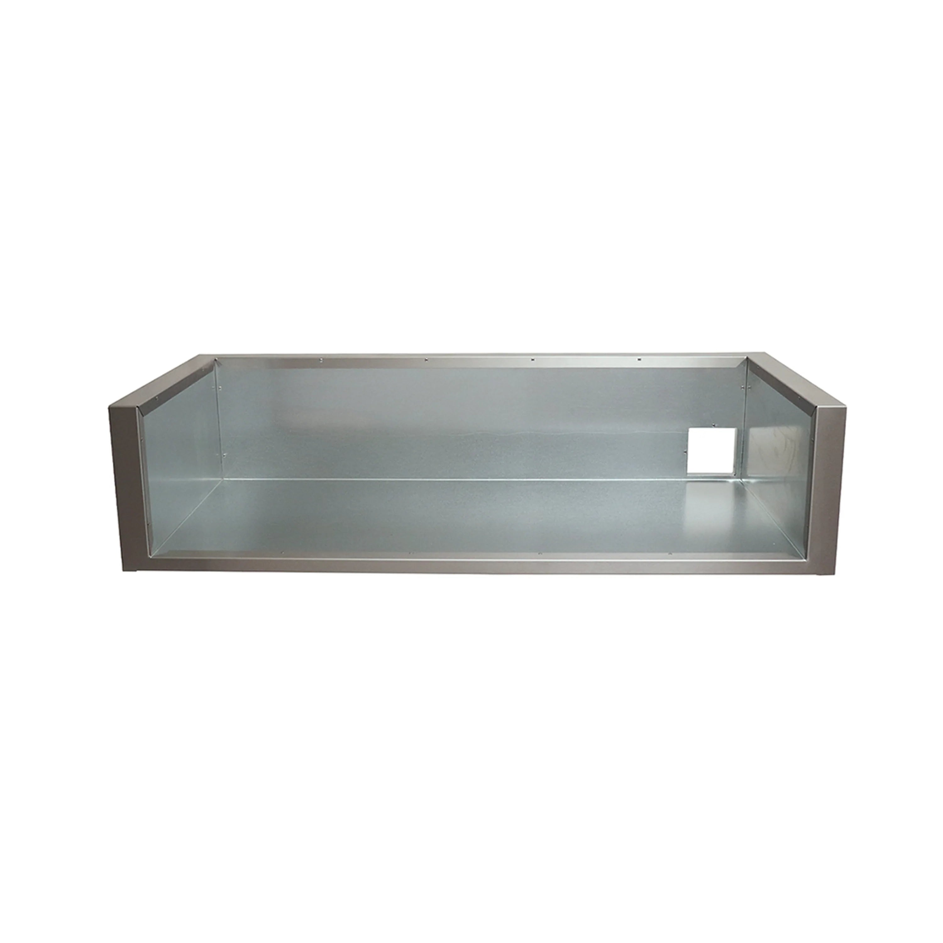 Stainless steel grill liner insert viewed from the front, open rectangular tray