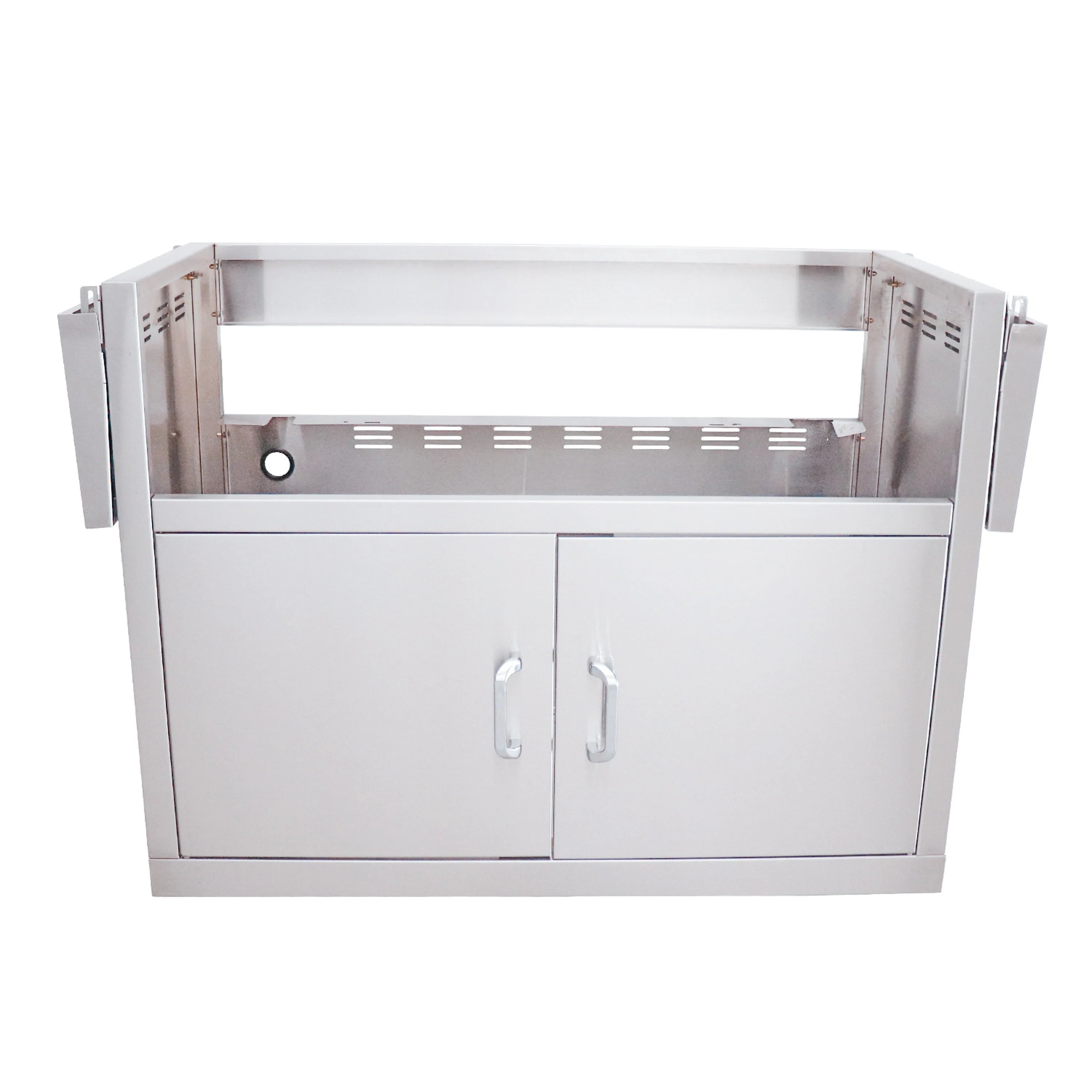 Stainless steel service cart front view with open top cabinet and two door handles