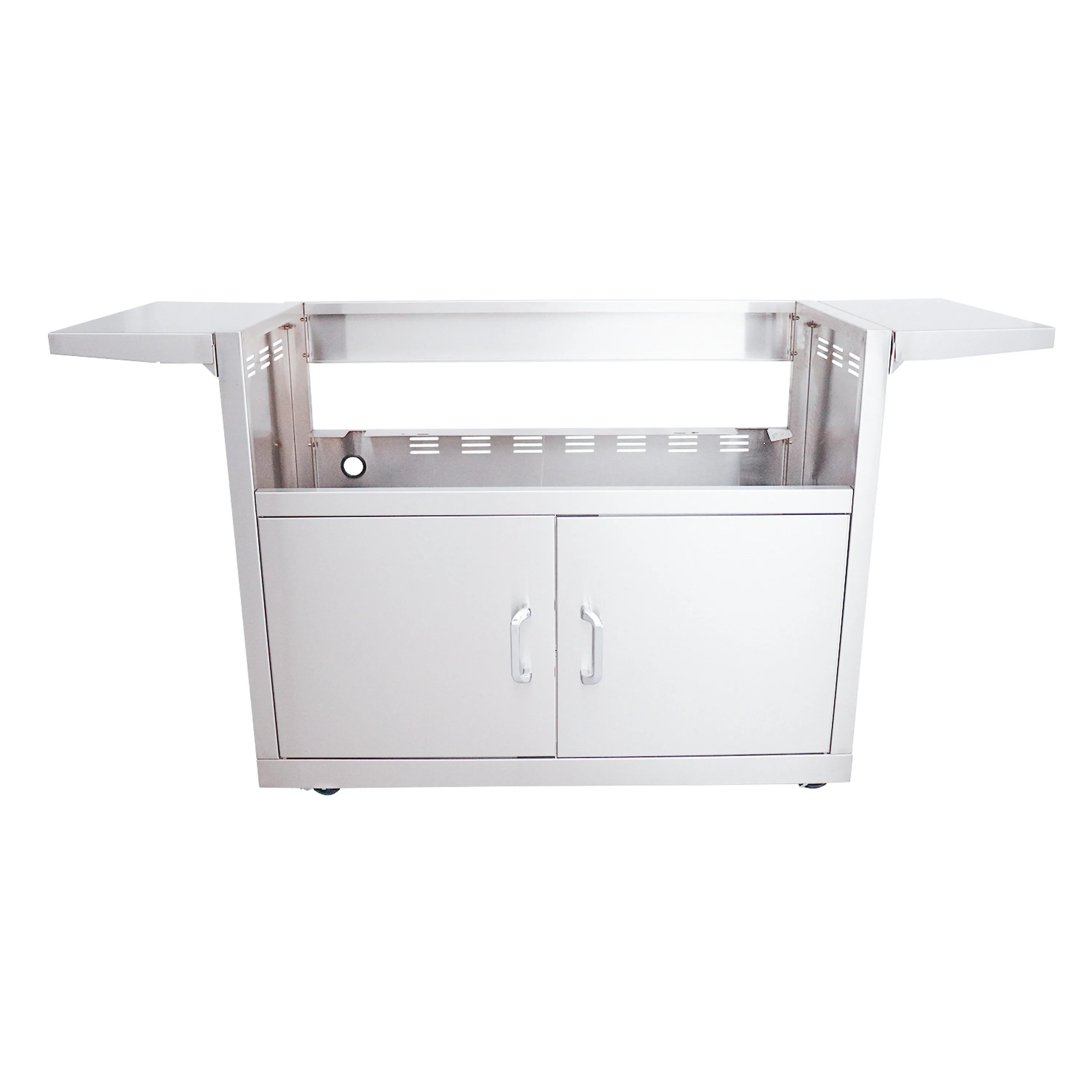 Stainless steel service cart with open upper compartment and two front cabinet doors