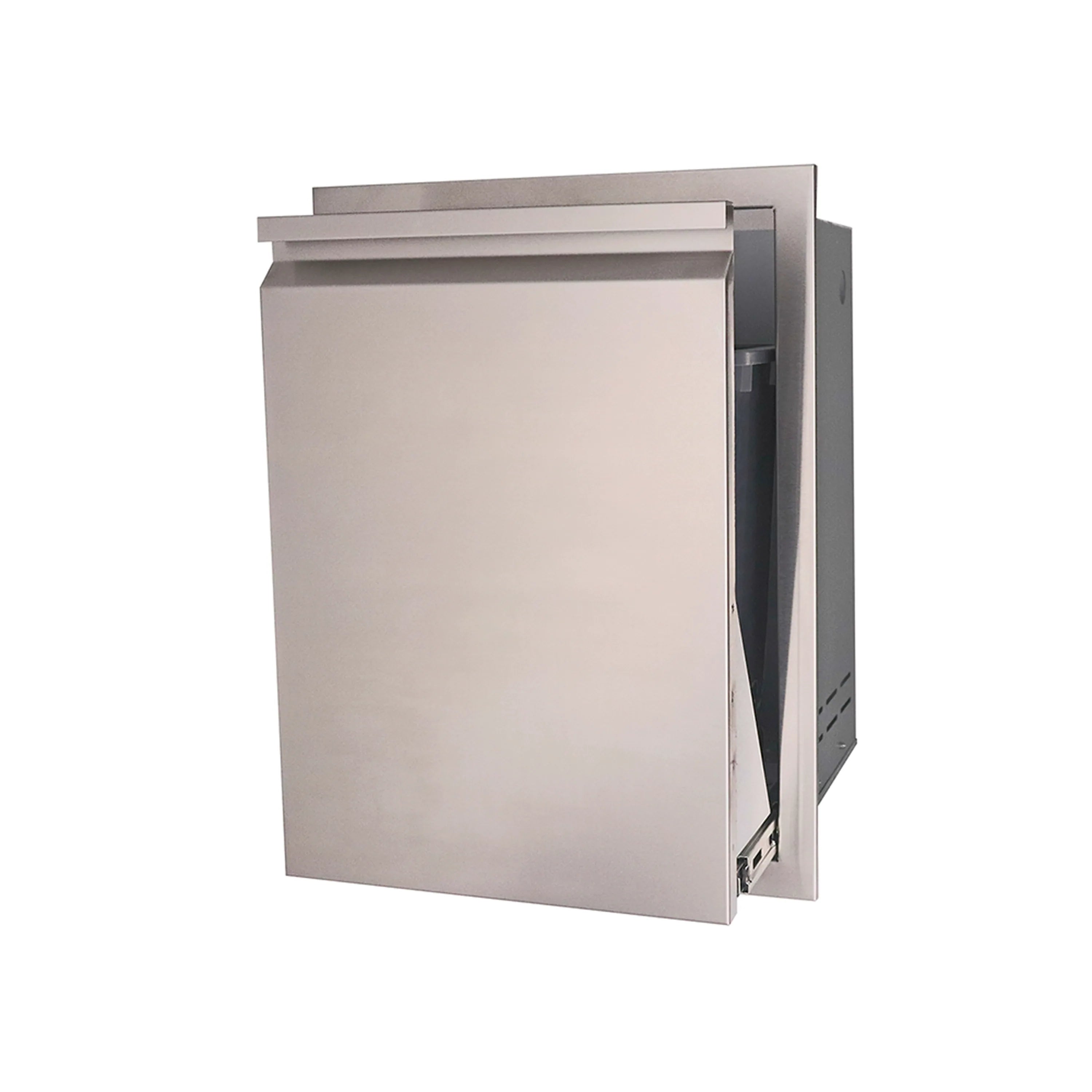 Stainless steel trash drawer with side access panel and partially open lid