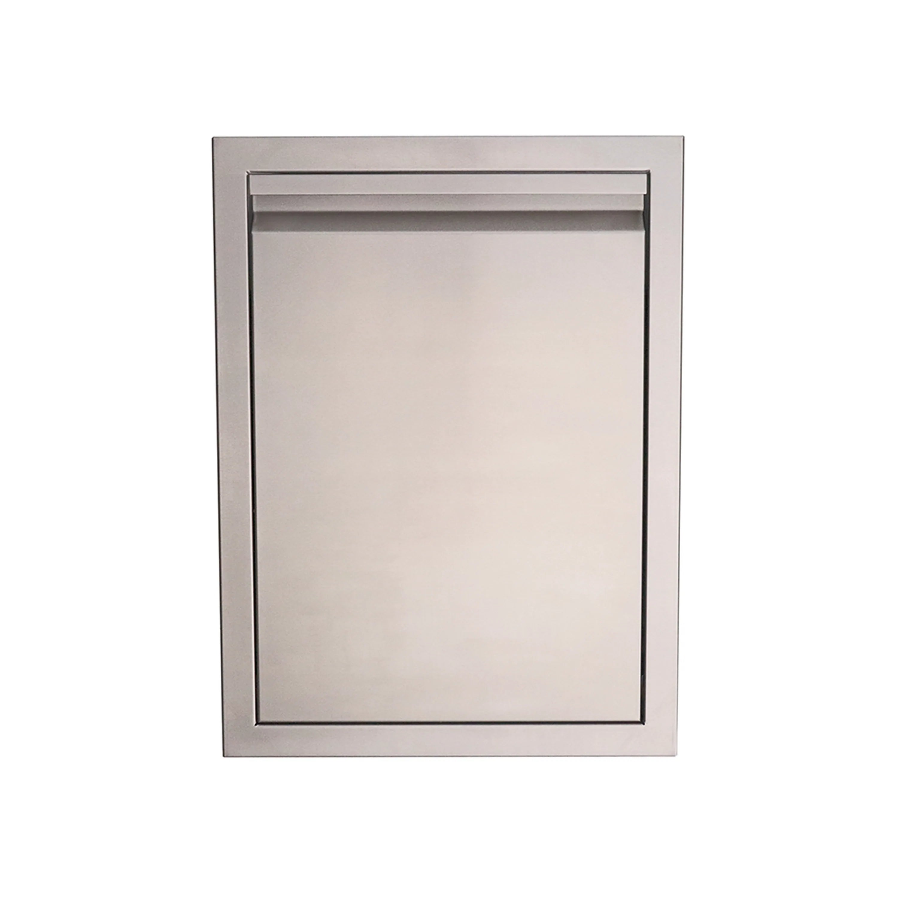 Stainless steel fully enclosed trash drawer with front panel and top opening