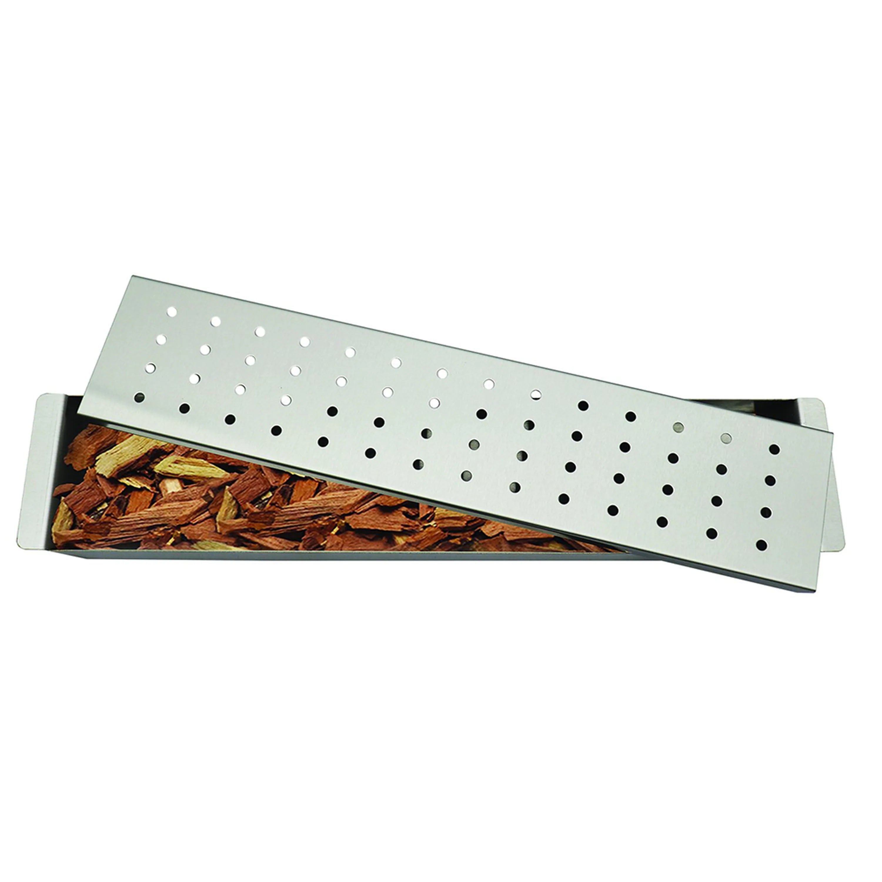Stainless steel smoker tray filled with wood chips under a perforated lid