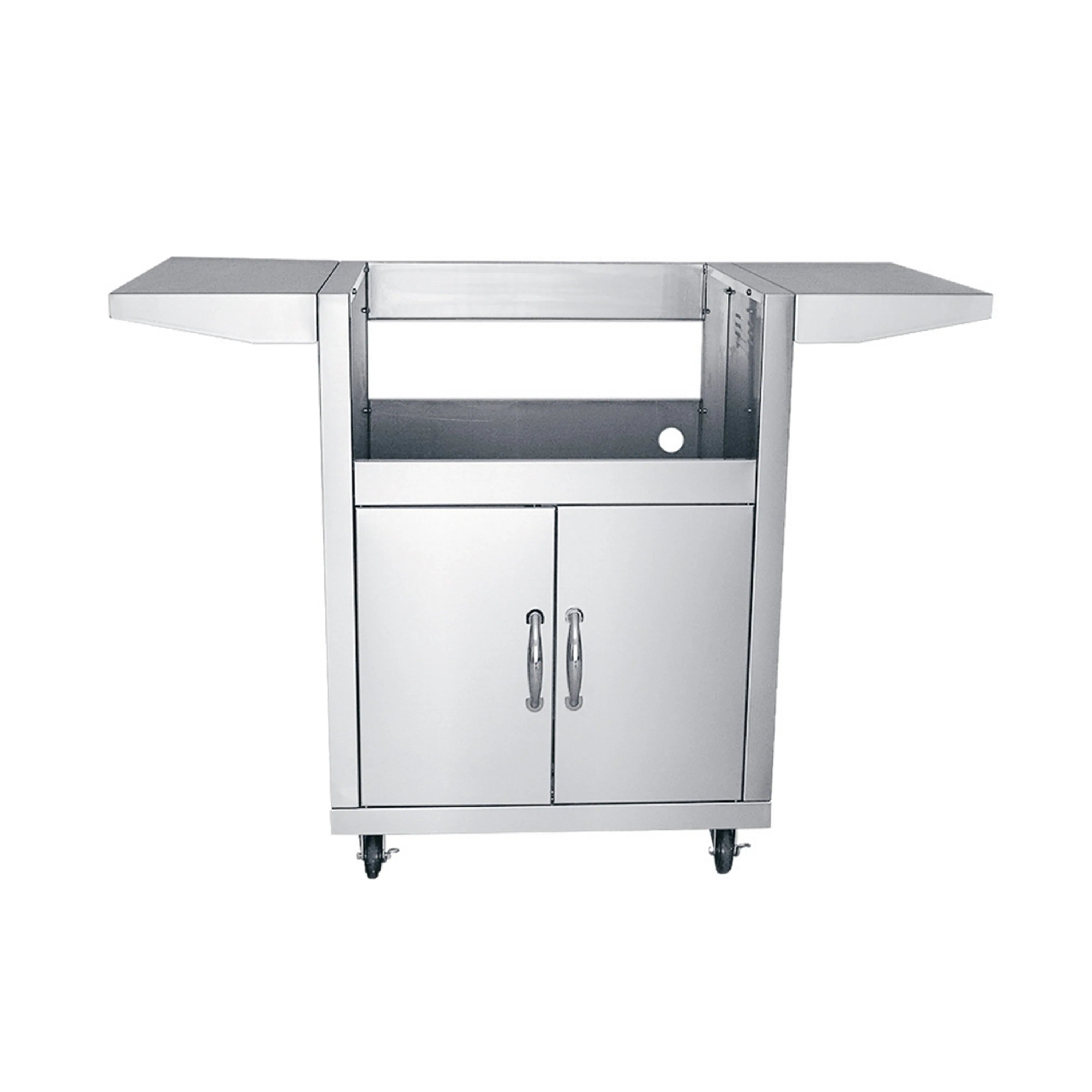 Stainless steel BBQ cart with two cabinet doors and flat side shelves on caster wheels