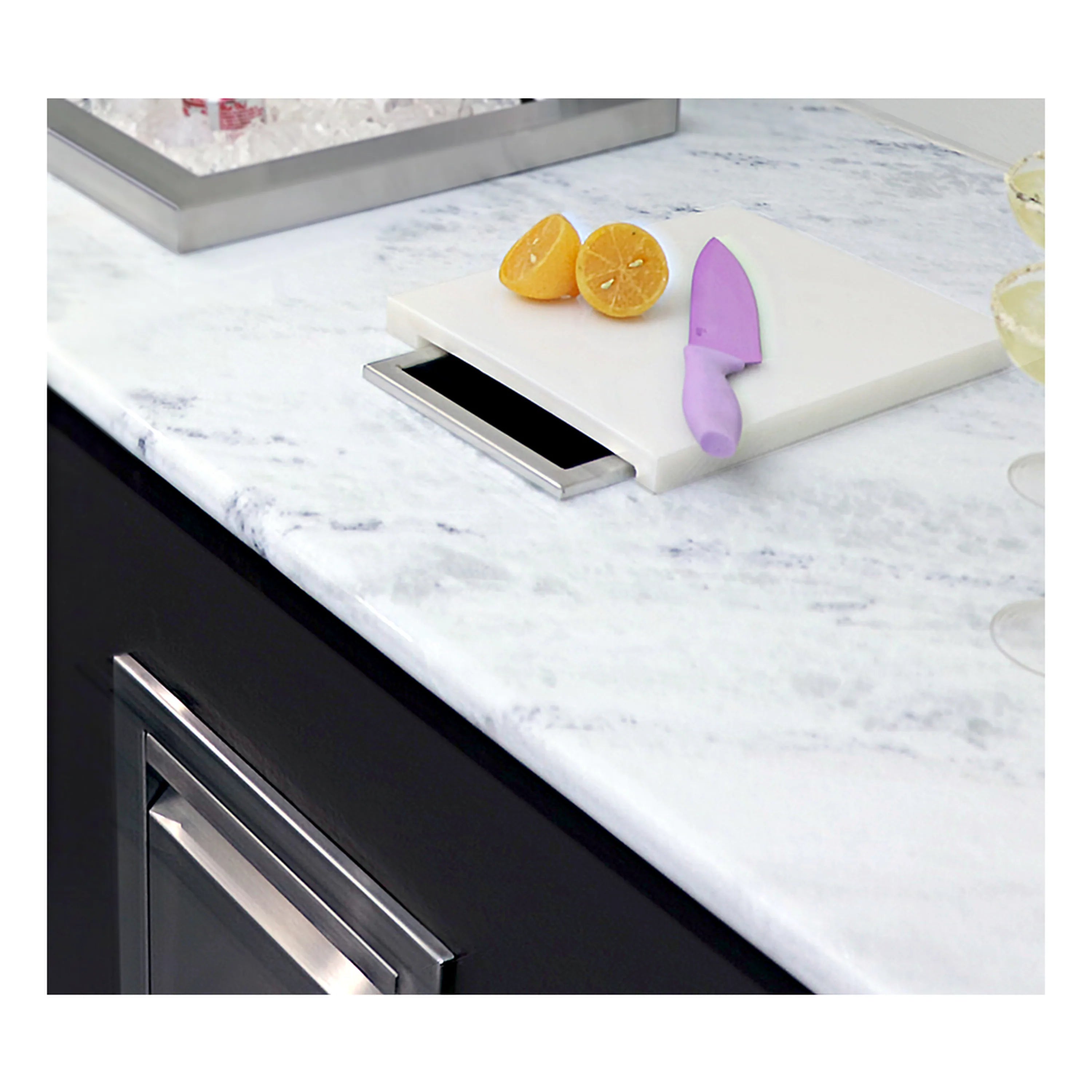 Wall-mount cutting board with built-in chute slot and stainless trim