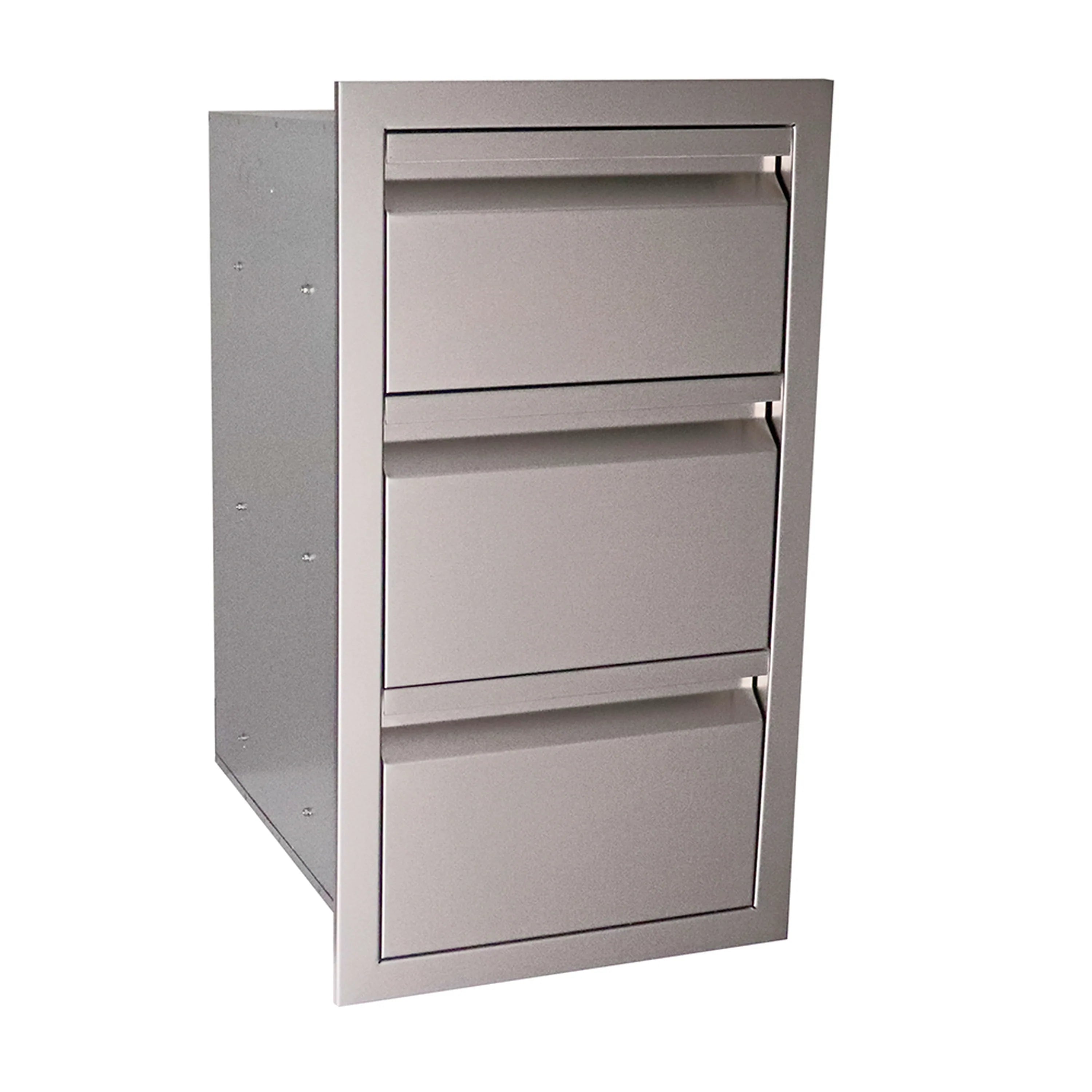 Stainless steel triple drawer cabinet with three fully enclosed drawers