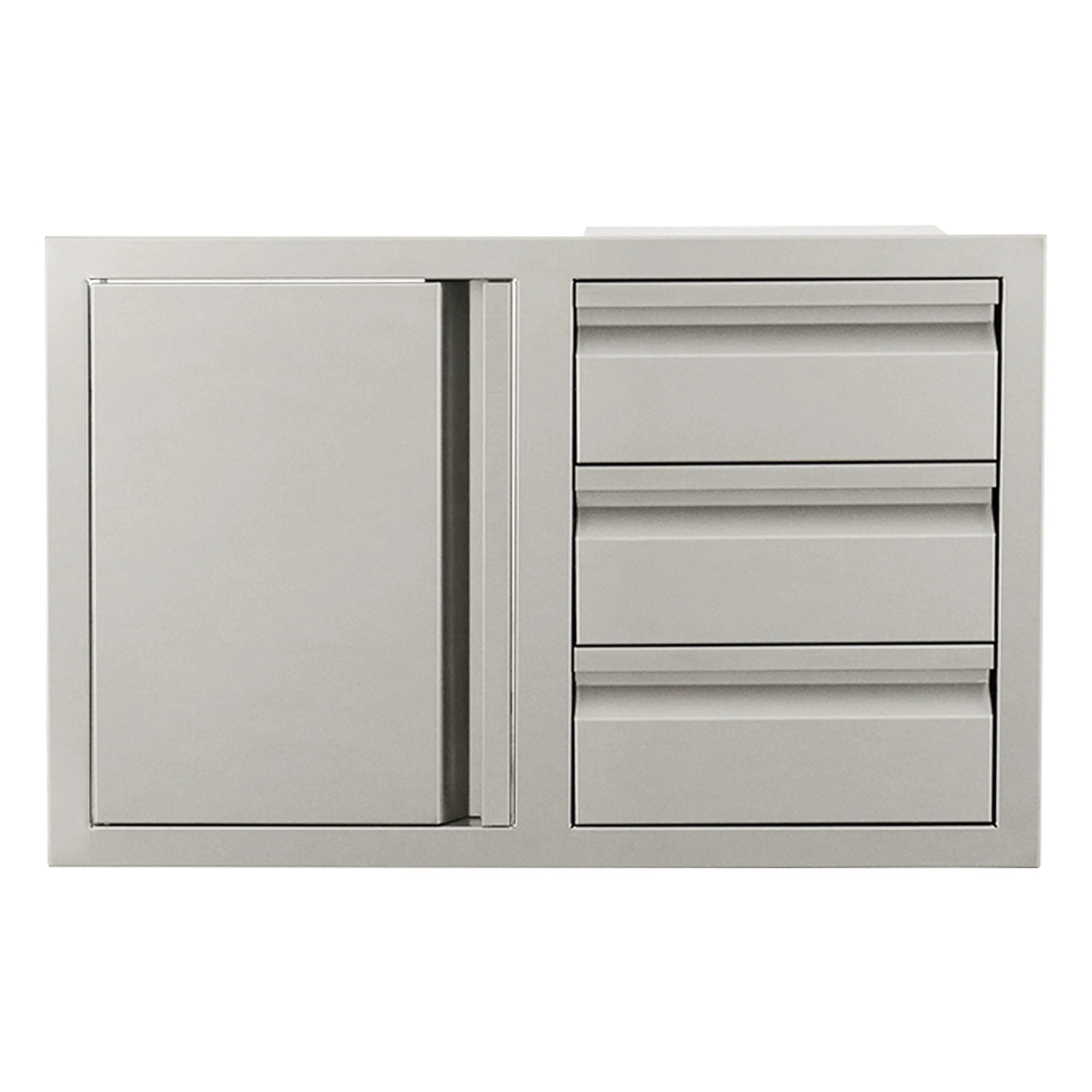Steel storage cabinet front with left door panel and three drawer fronts