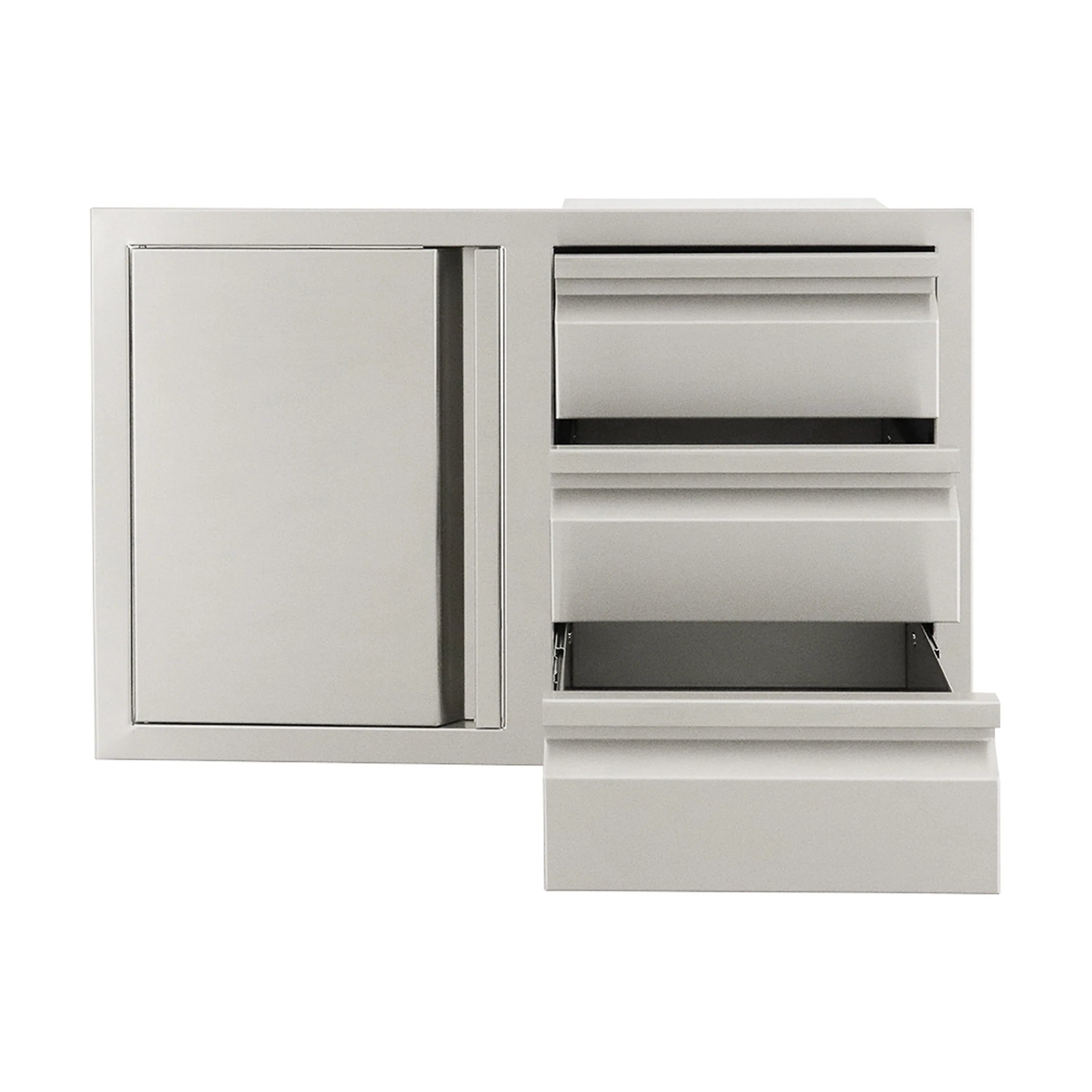 White storage cabinet with left door open and three horizontal drawers extended