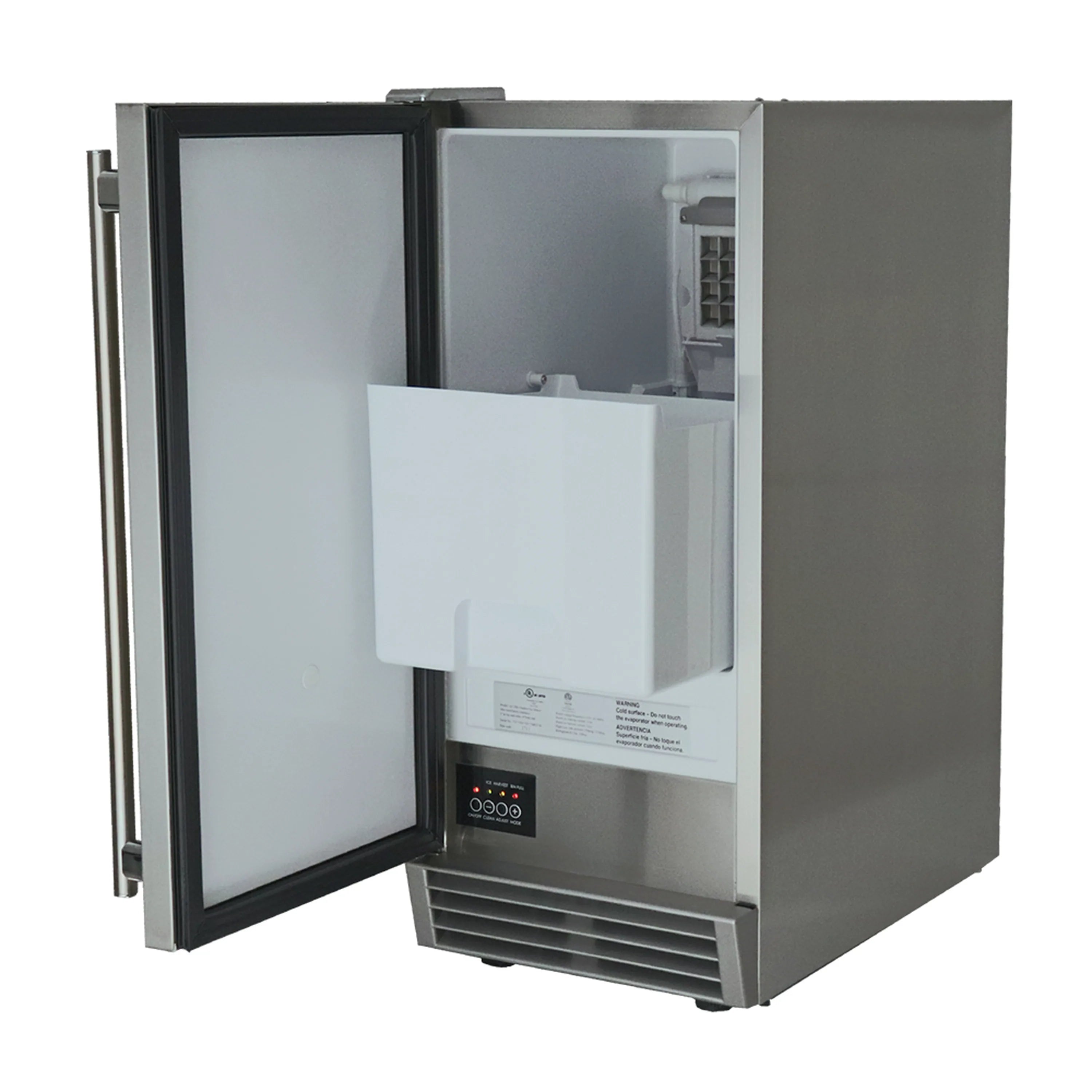 Stainless steel ice maker with door open, ice bin and interior compartment visible
