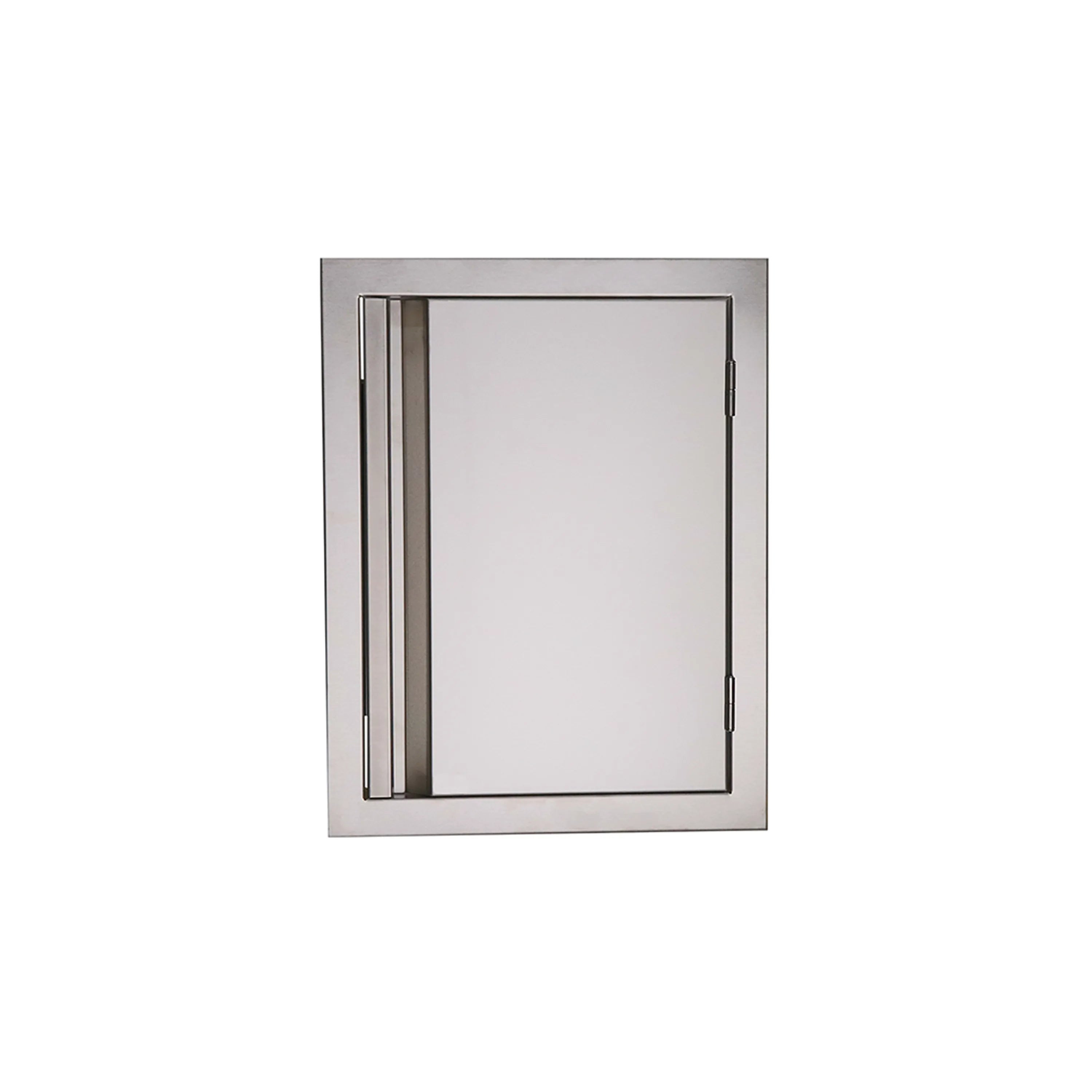 Double-lined vertical door in silver metal frame, hinged with handle and latch