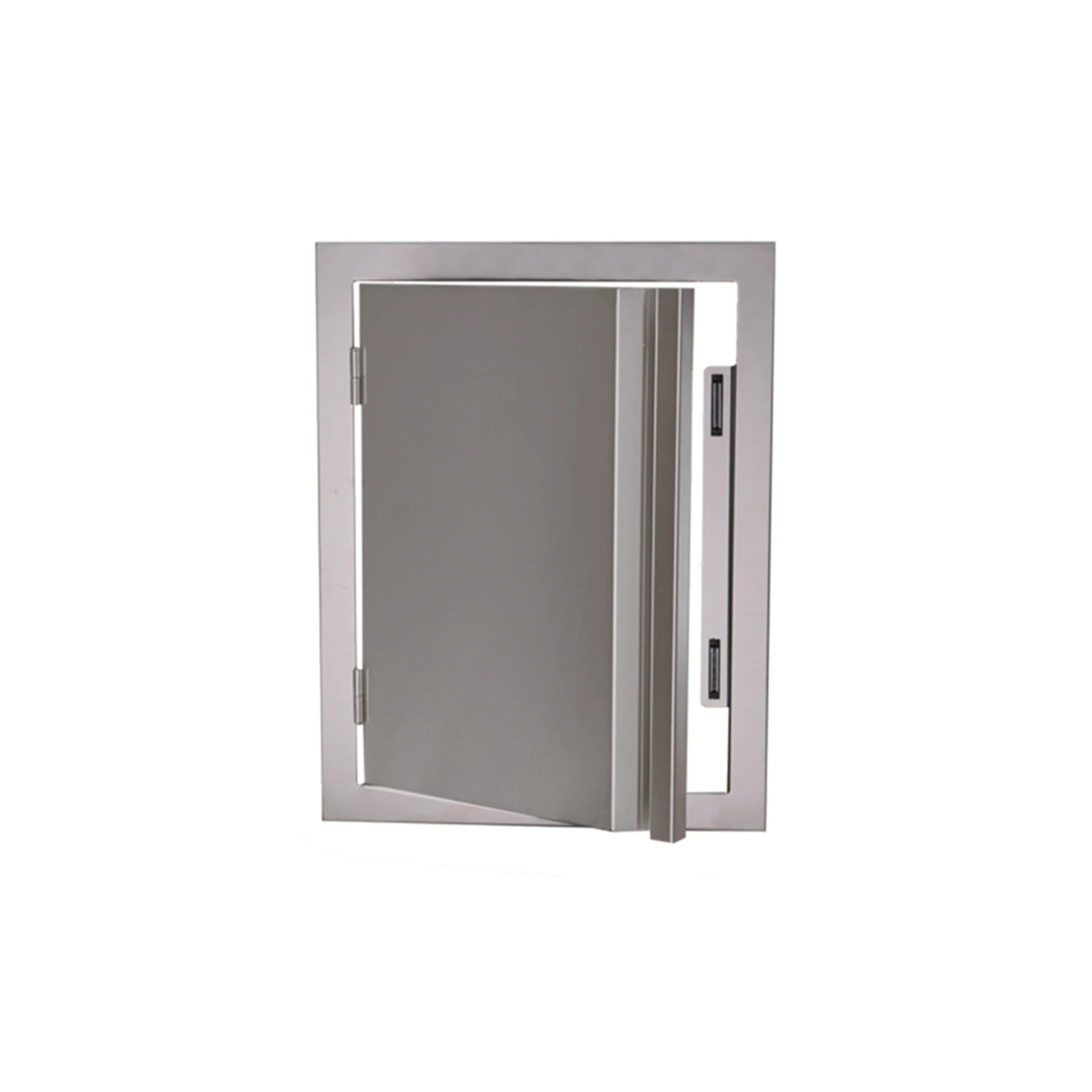 Double-lined vertical door with open side, silver frame and hinges with latch