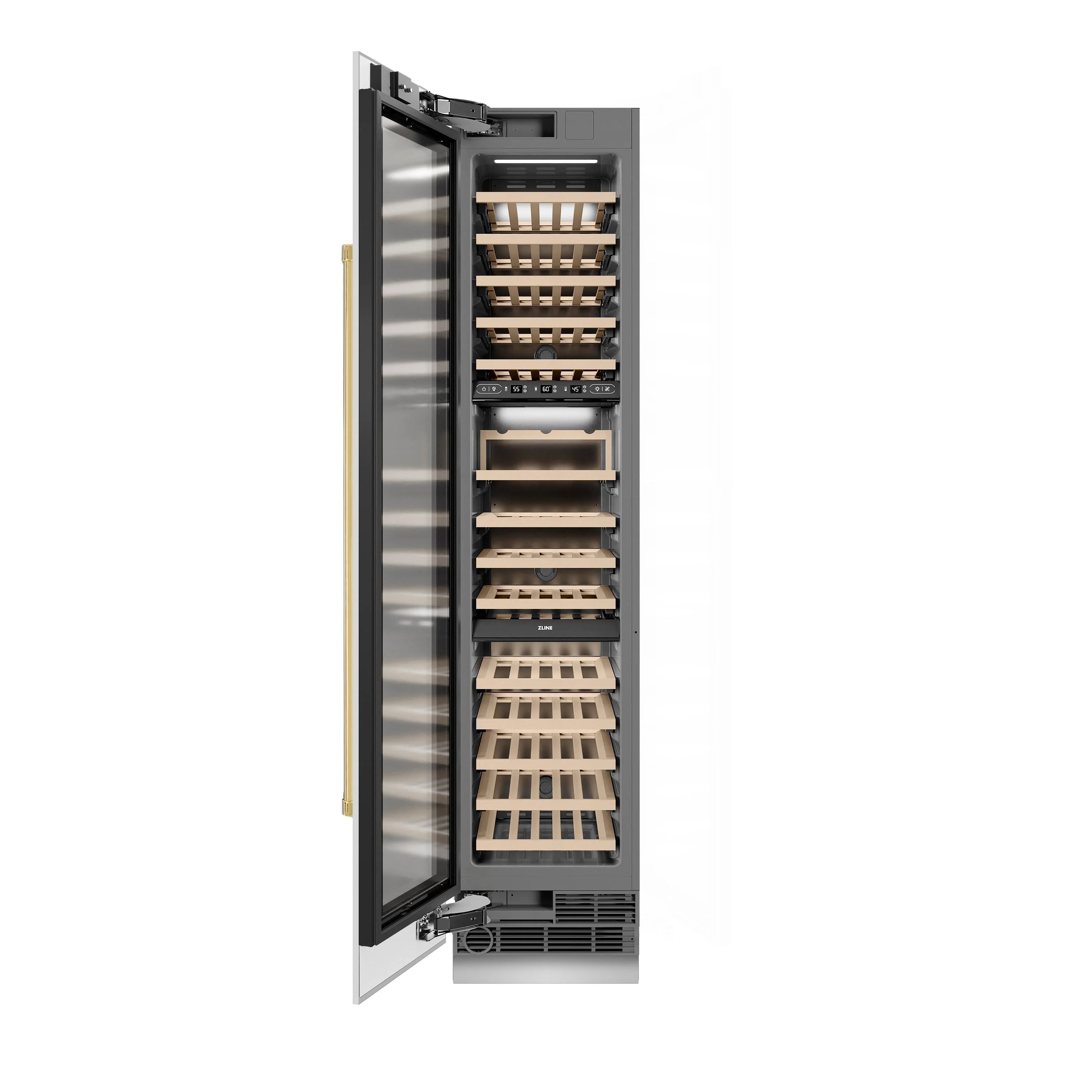 Wine cooler door open with interior wood racks and gold accent handle, left-hinge view