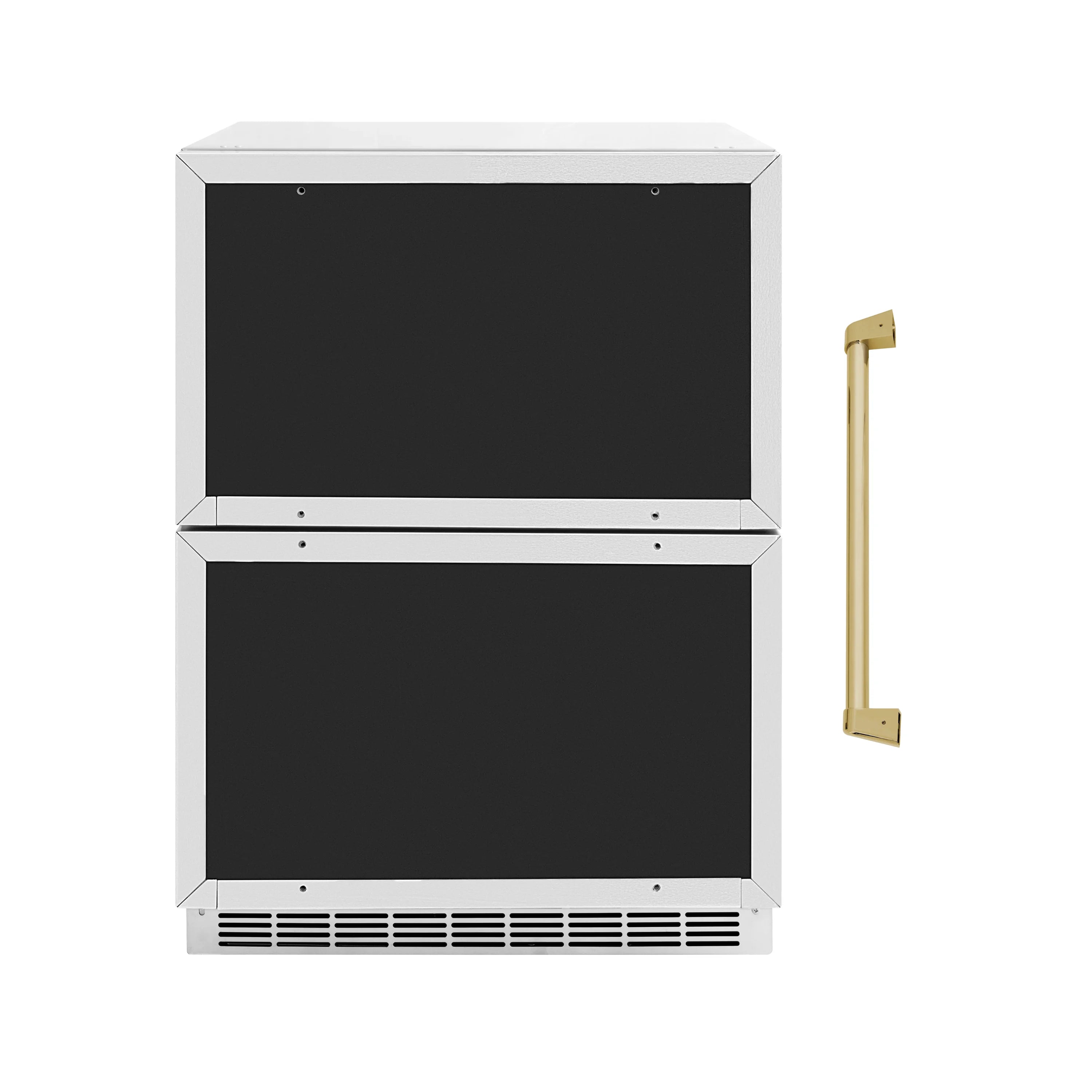 Outdoor dual refrigerator drawers in stainless with black panels and champagne bronze handle.