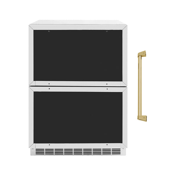 ZLINE Autograph Edition 24-Inch Touchstone 168 Can Outdoor-Rated Dual Refrigerator Drawer with Panel-Ready Doors and Champagne Bronze Handles  (RDSPOZ-24-CB)