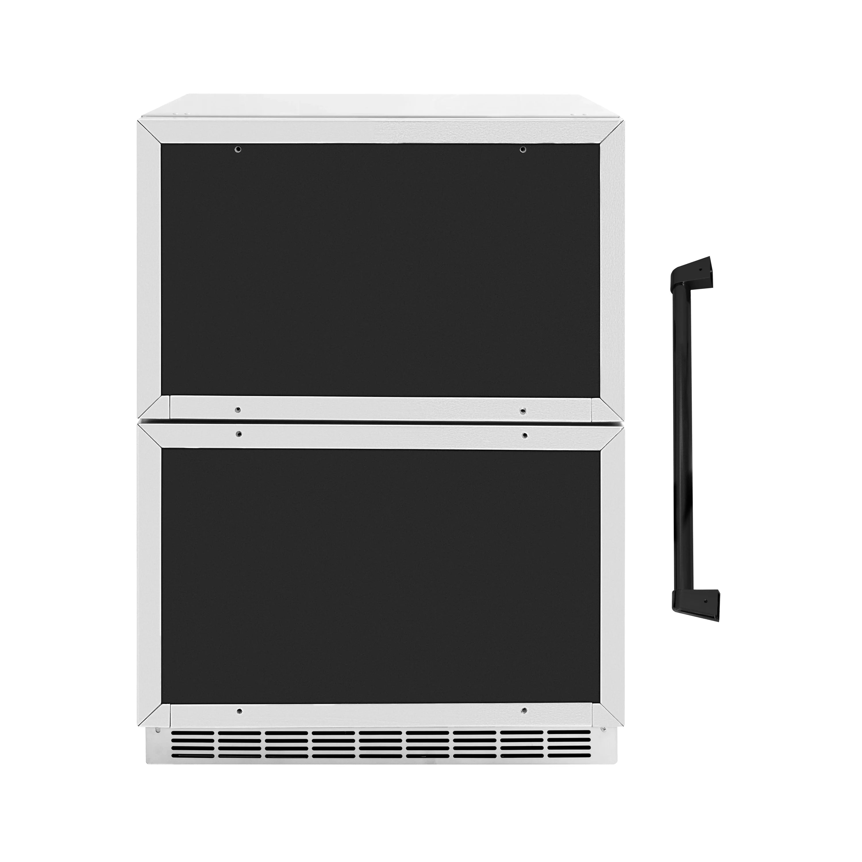 Dual refrigerator drawer with black doors, white frame, and matte black handle