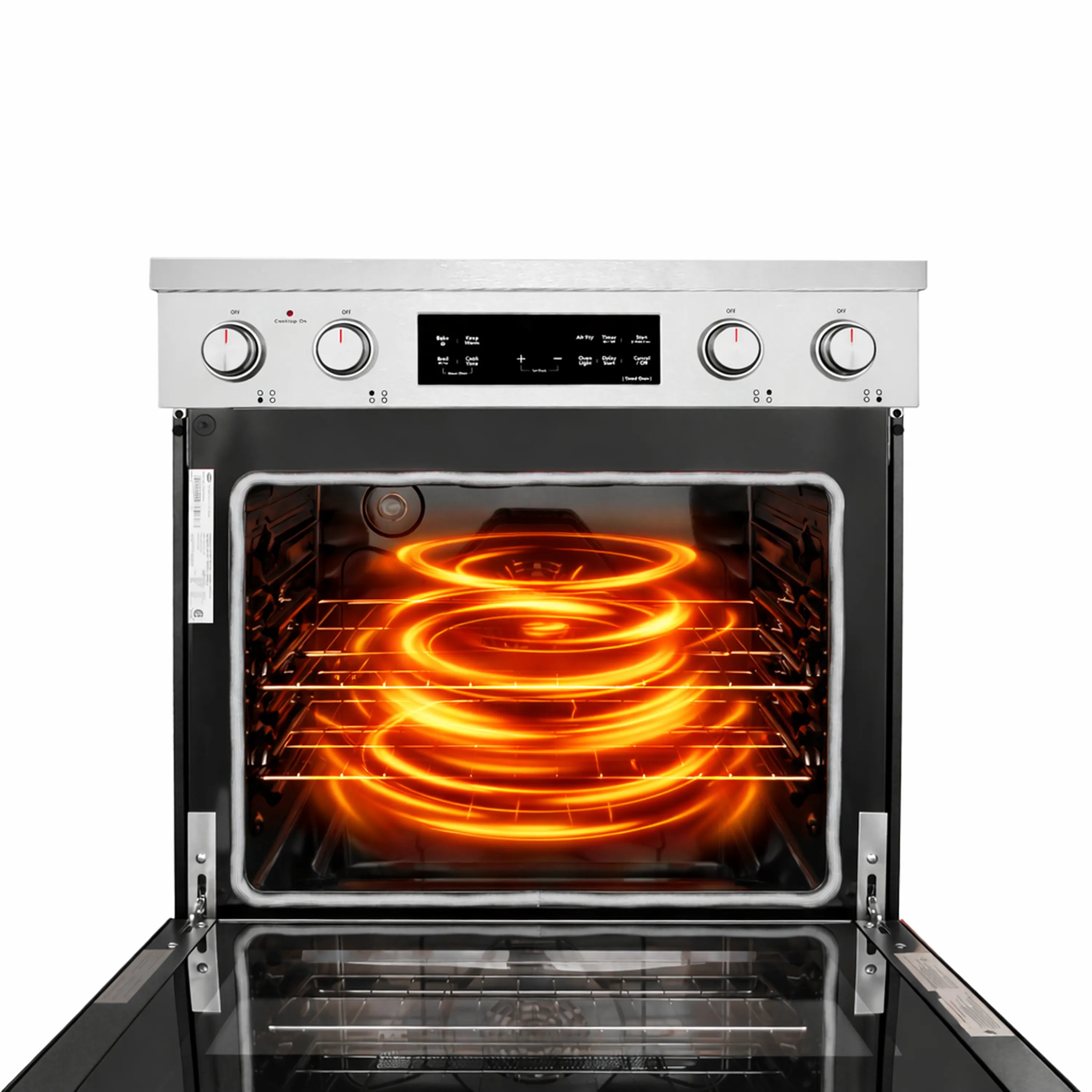 Open oven door with glowing electric heating elements inside stainless range