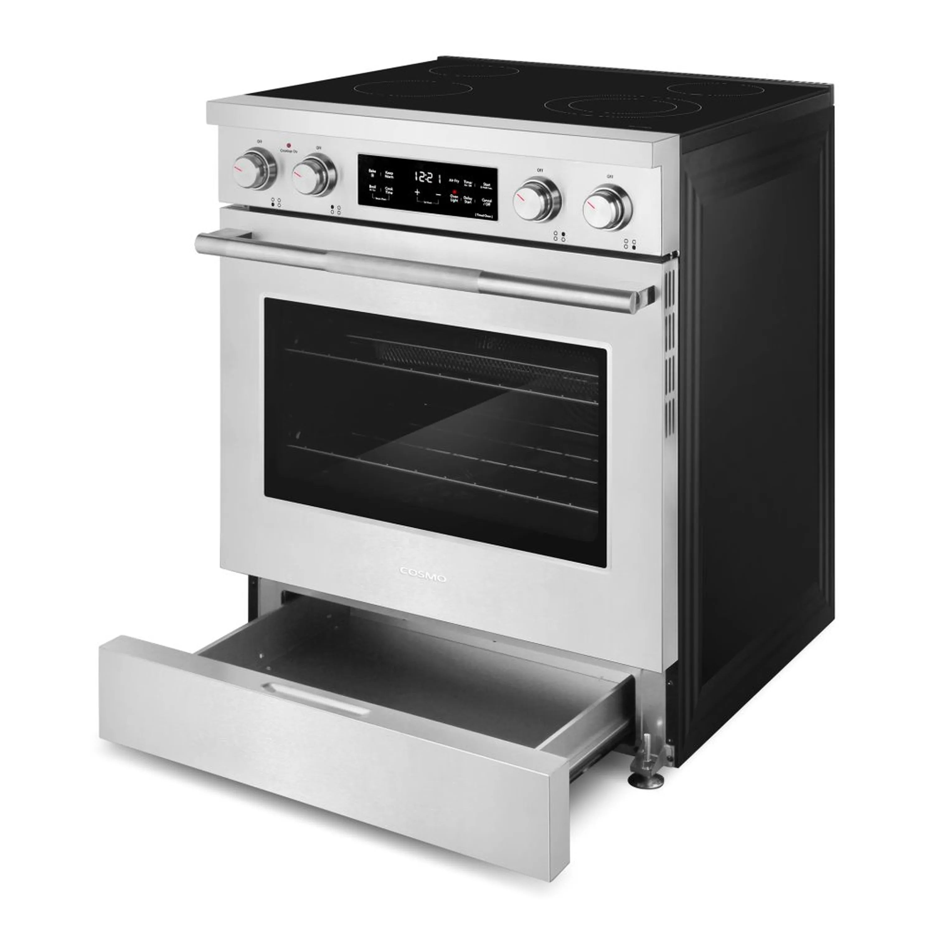 Stainless electric range with oven door open and pull-out lower drawer