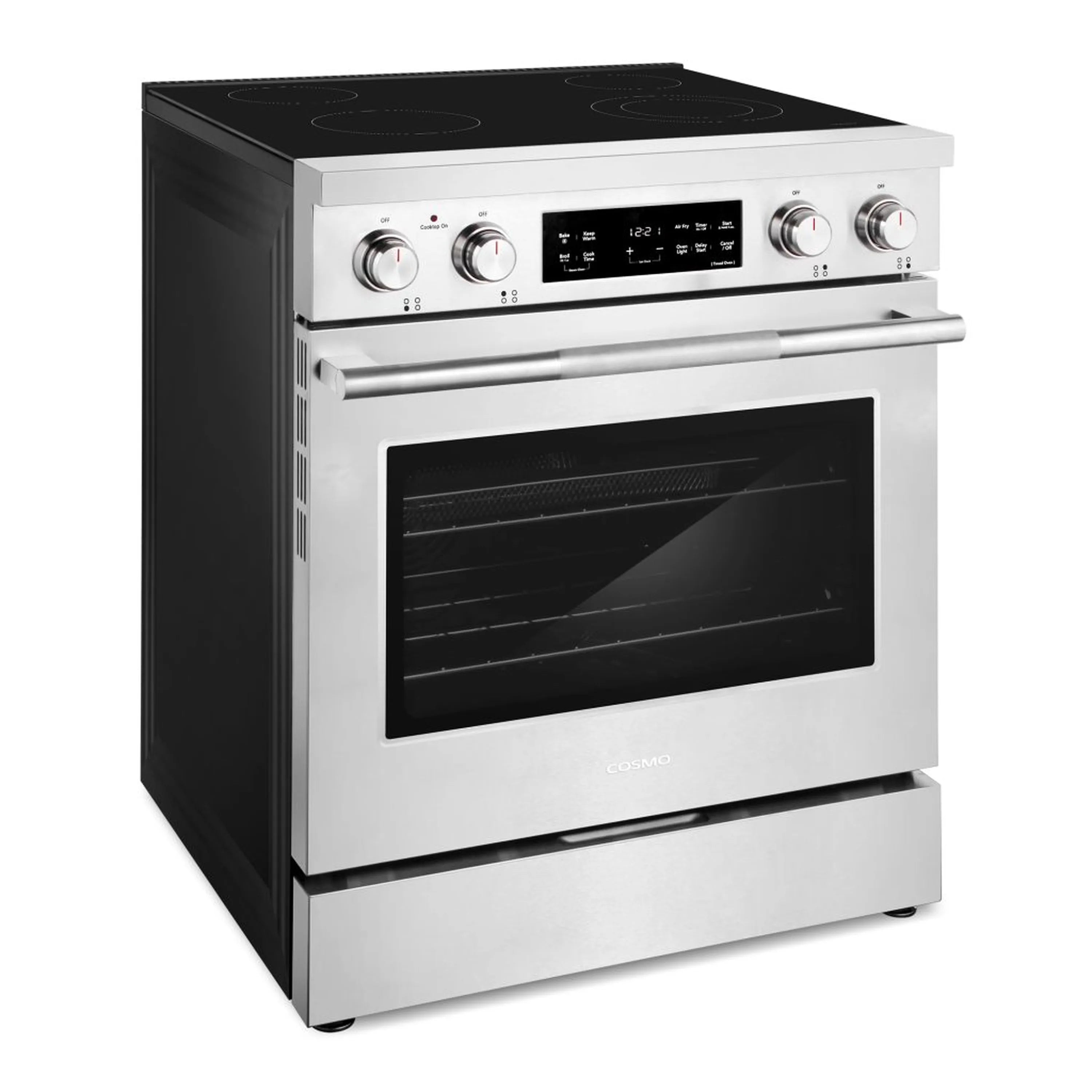 Stainless electric range with black cooktop, control panel, and oven window