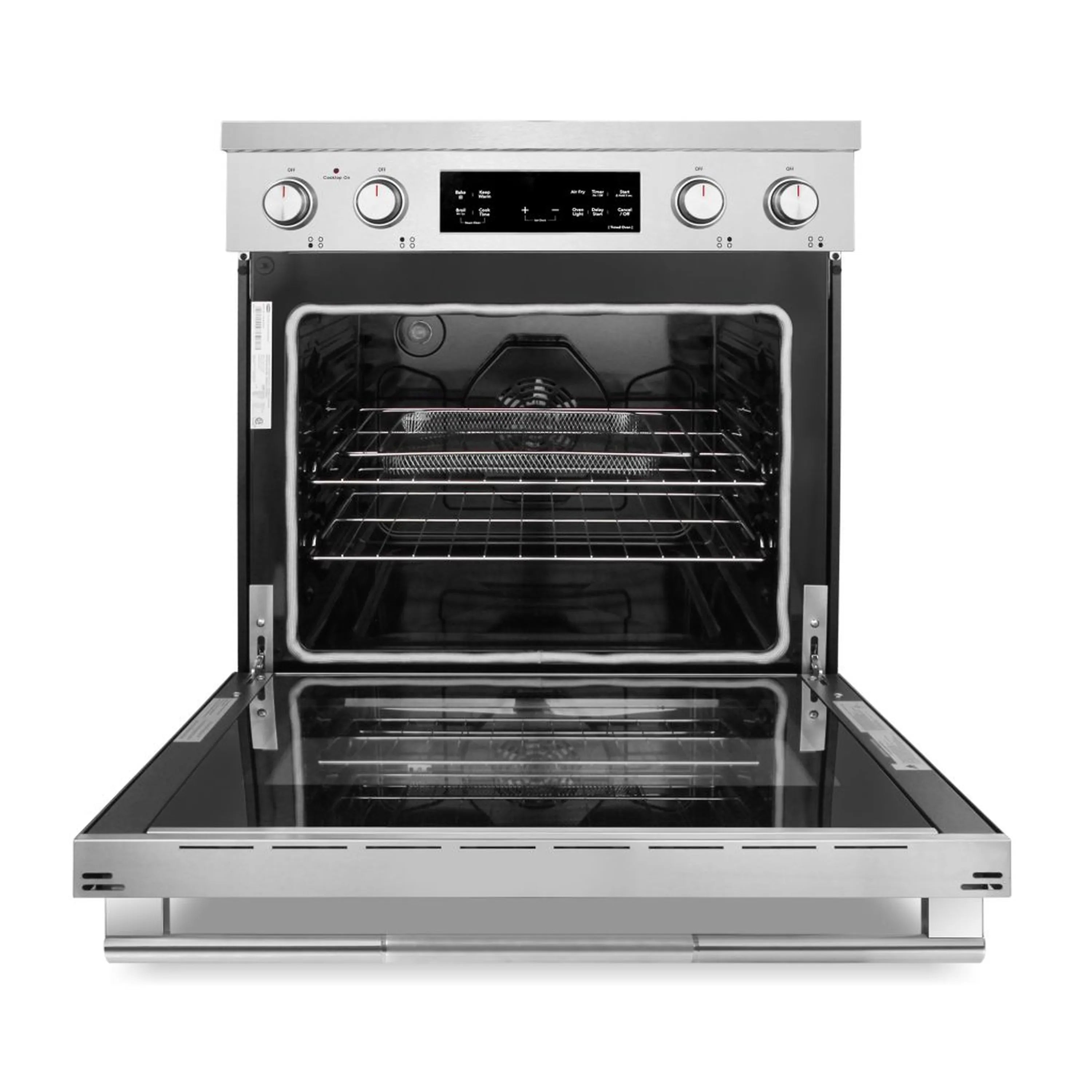 Stainless electric range with open oven door showing wire racks inside