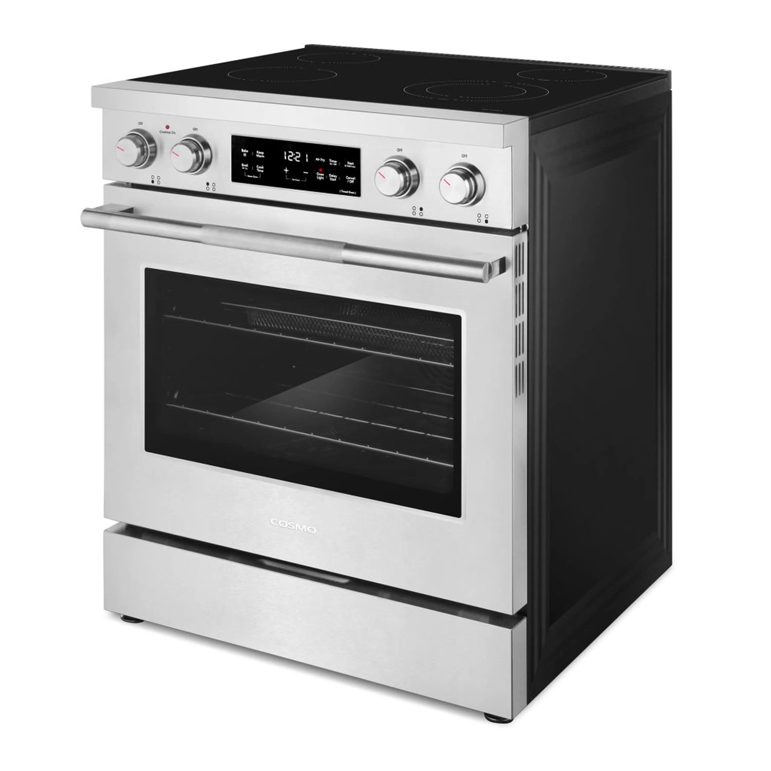 Stainless electric range with black cooktop and control knobs on front
