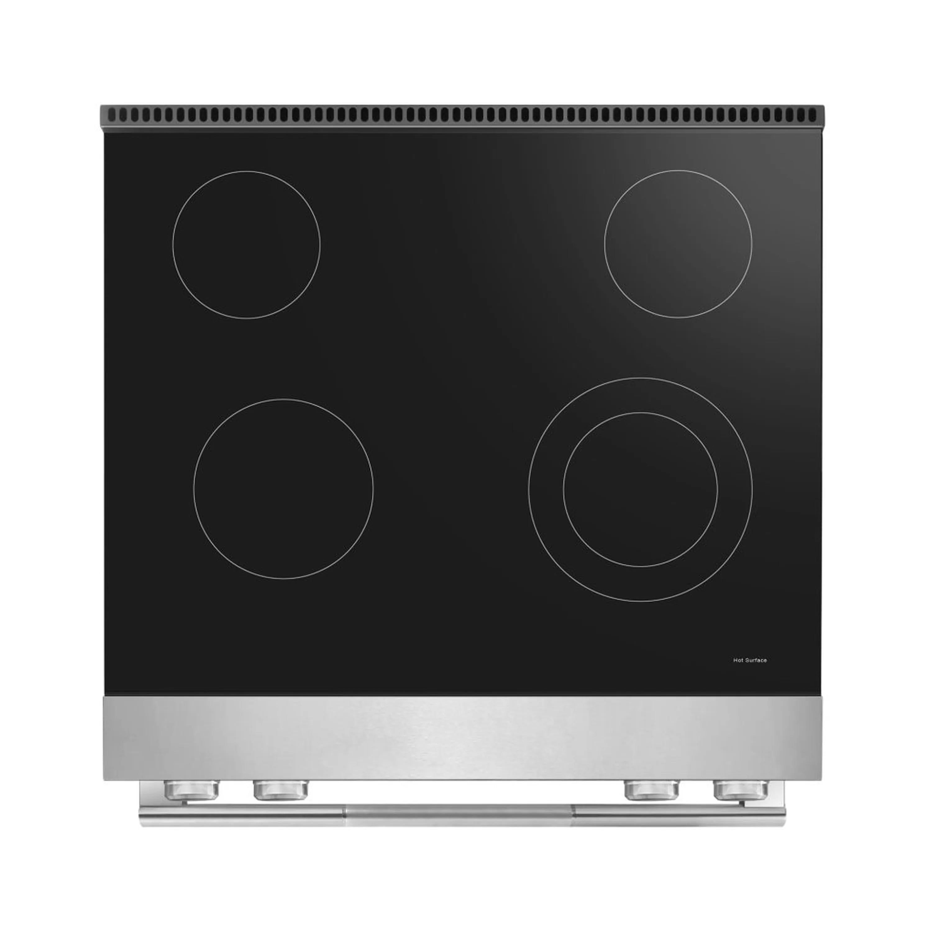 Black electric cooktop with four circular heating elements and stainless trim