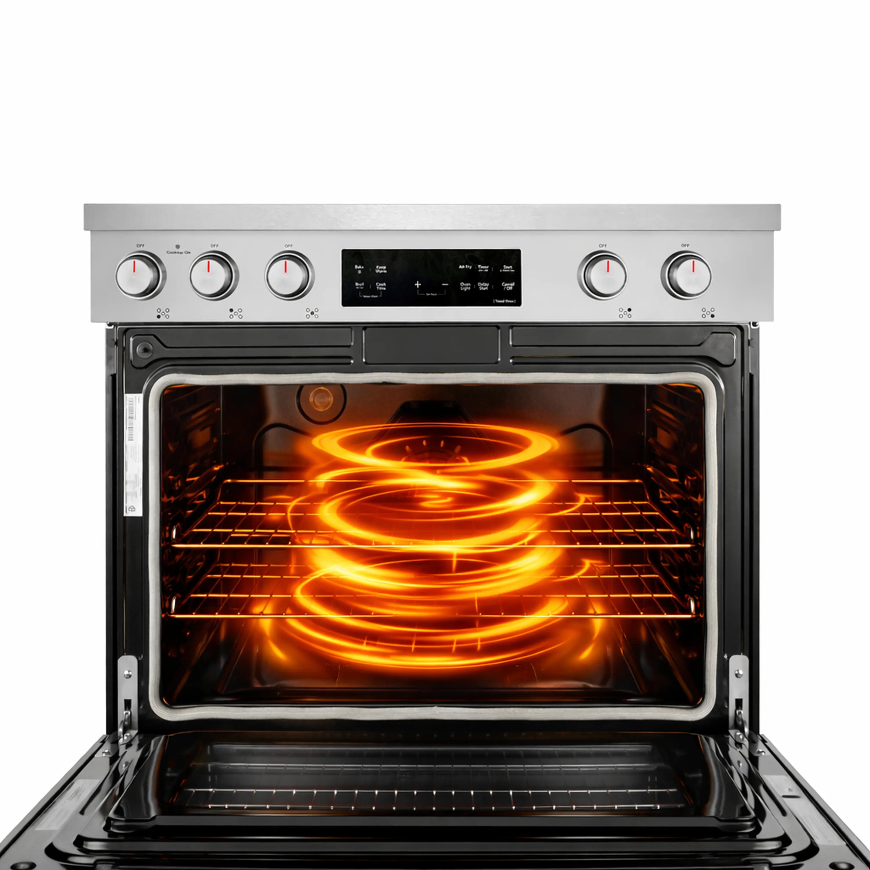 Electric range oven with orange glowing heating element and open door