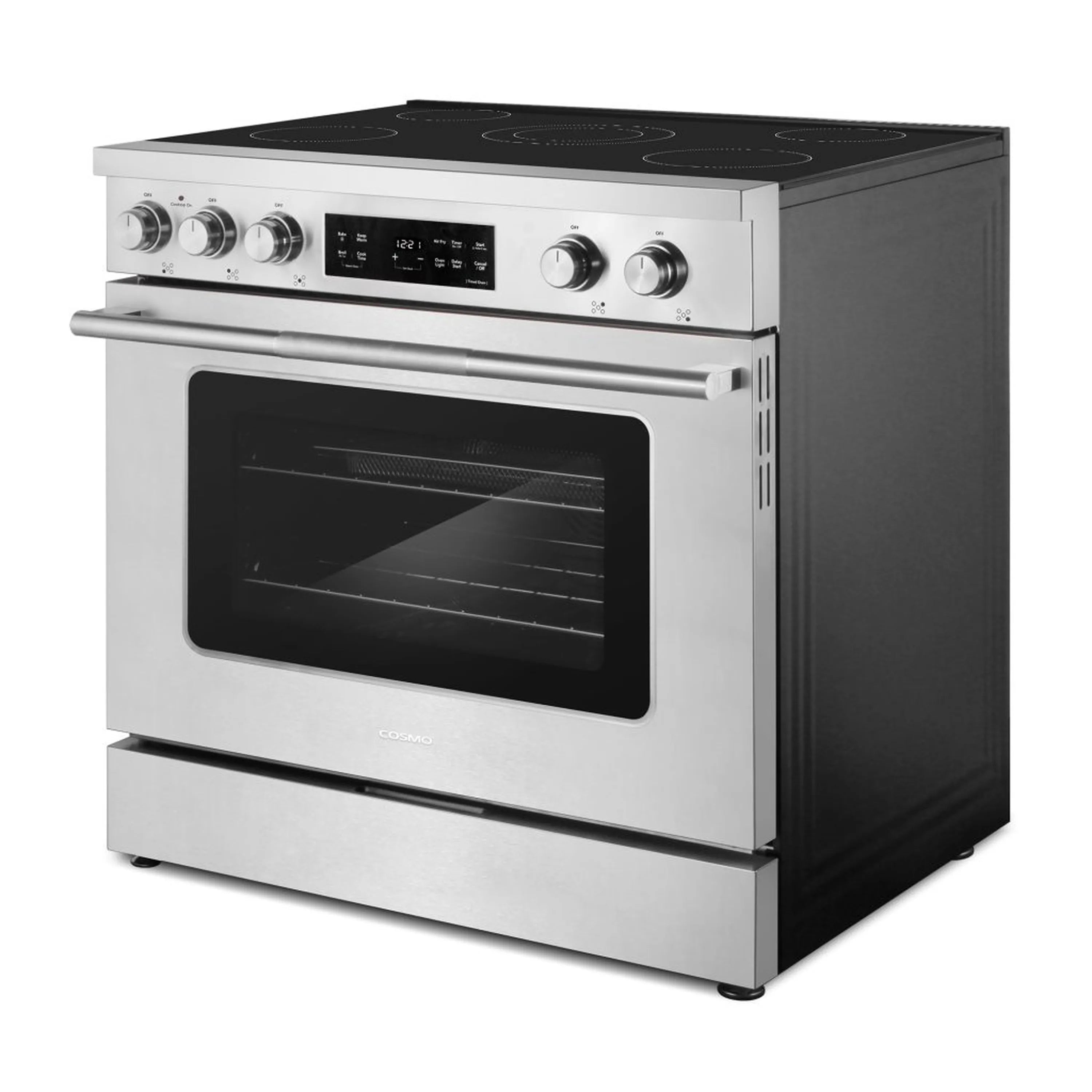 Stainless steel electric range with black glass cooktop and front control panel
