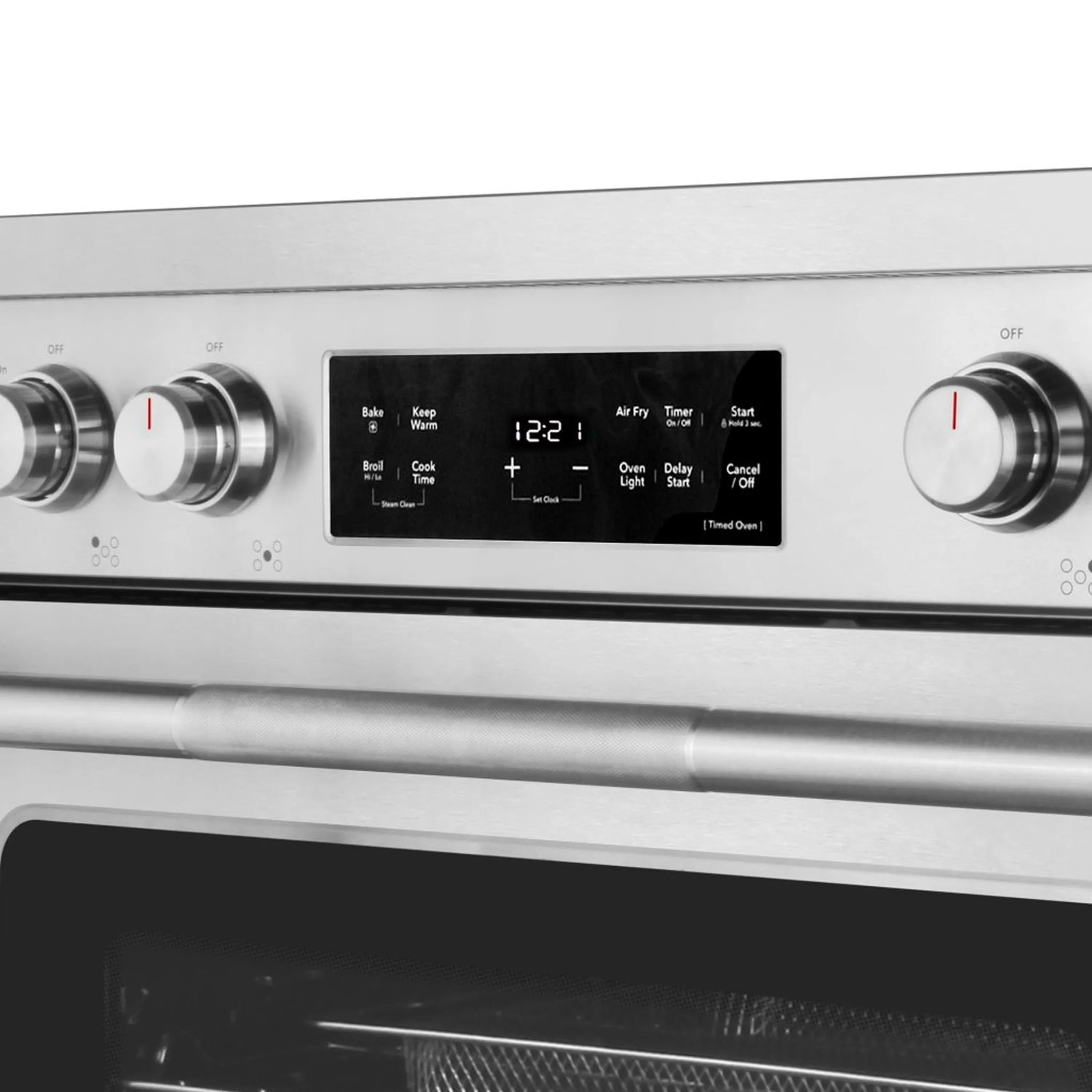 Electric range control panel with digital display and stainless steel control knobs