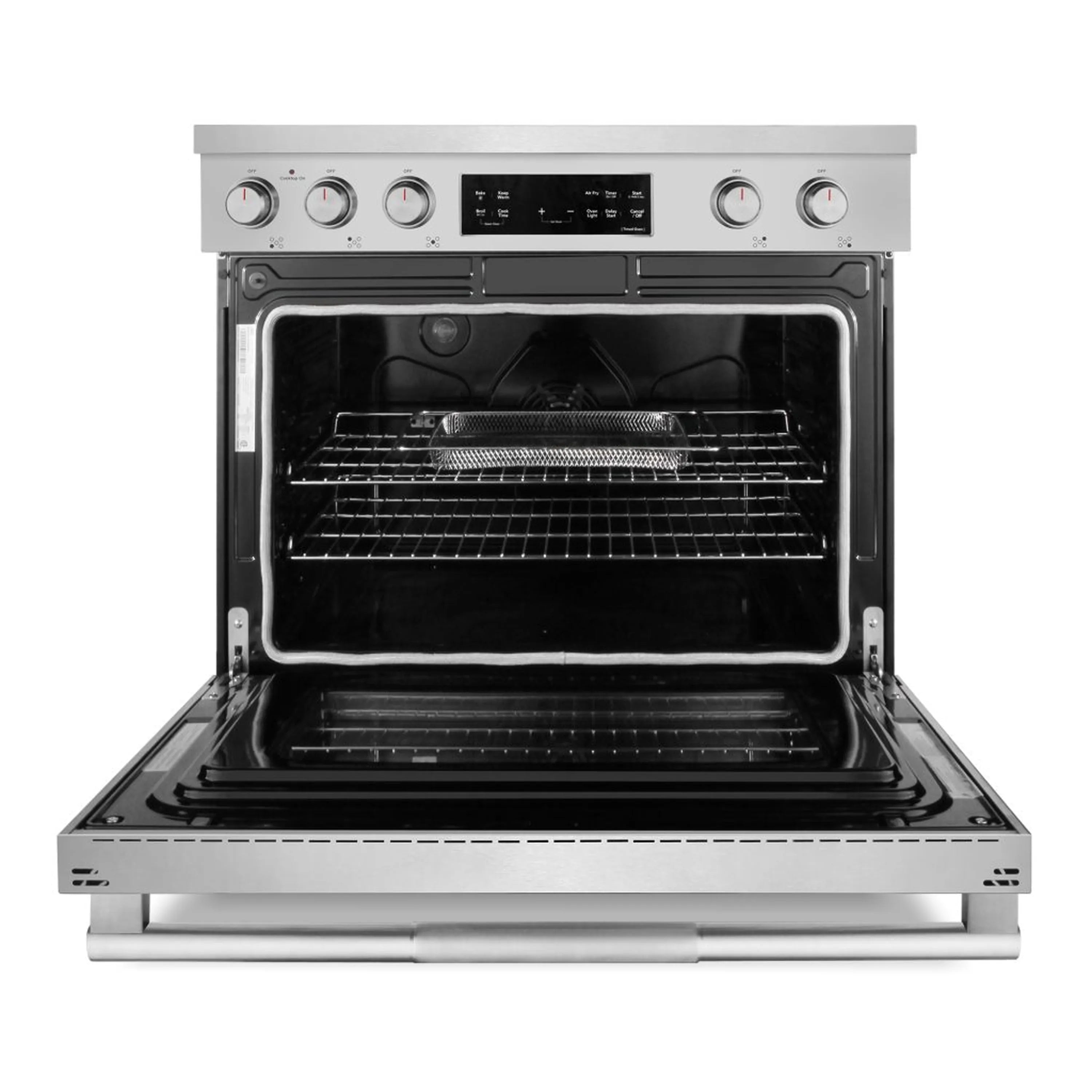 Stainless steel electric range oven with racks and open glass door