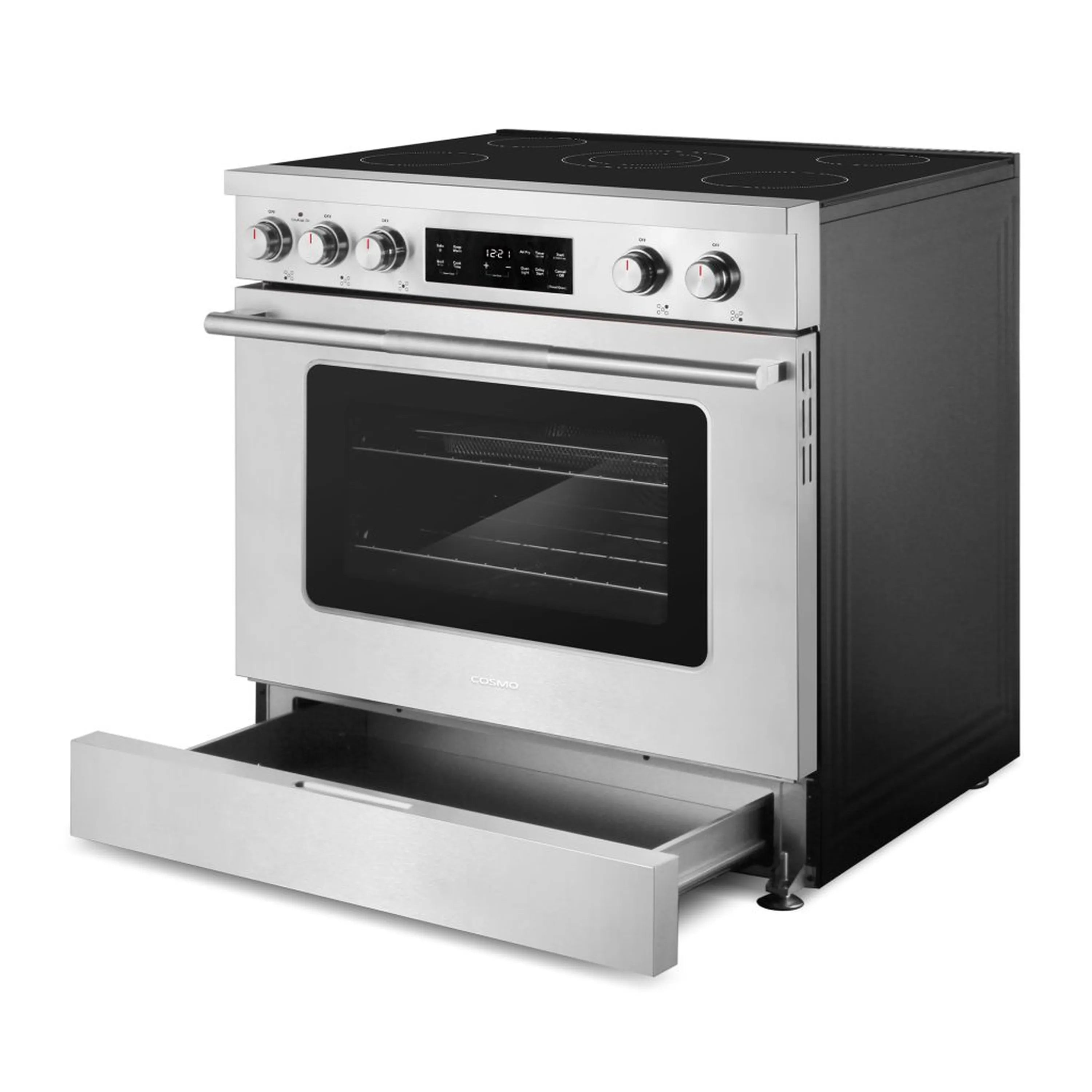 Stainless steel electric range with extended storage drawer and glass oven door