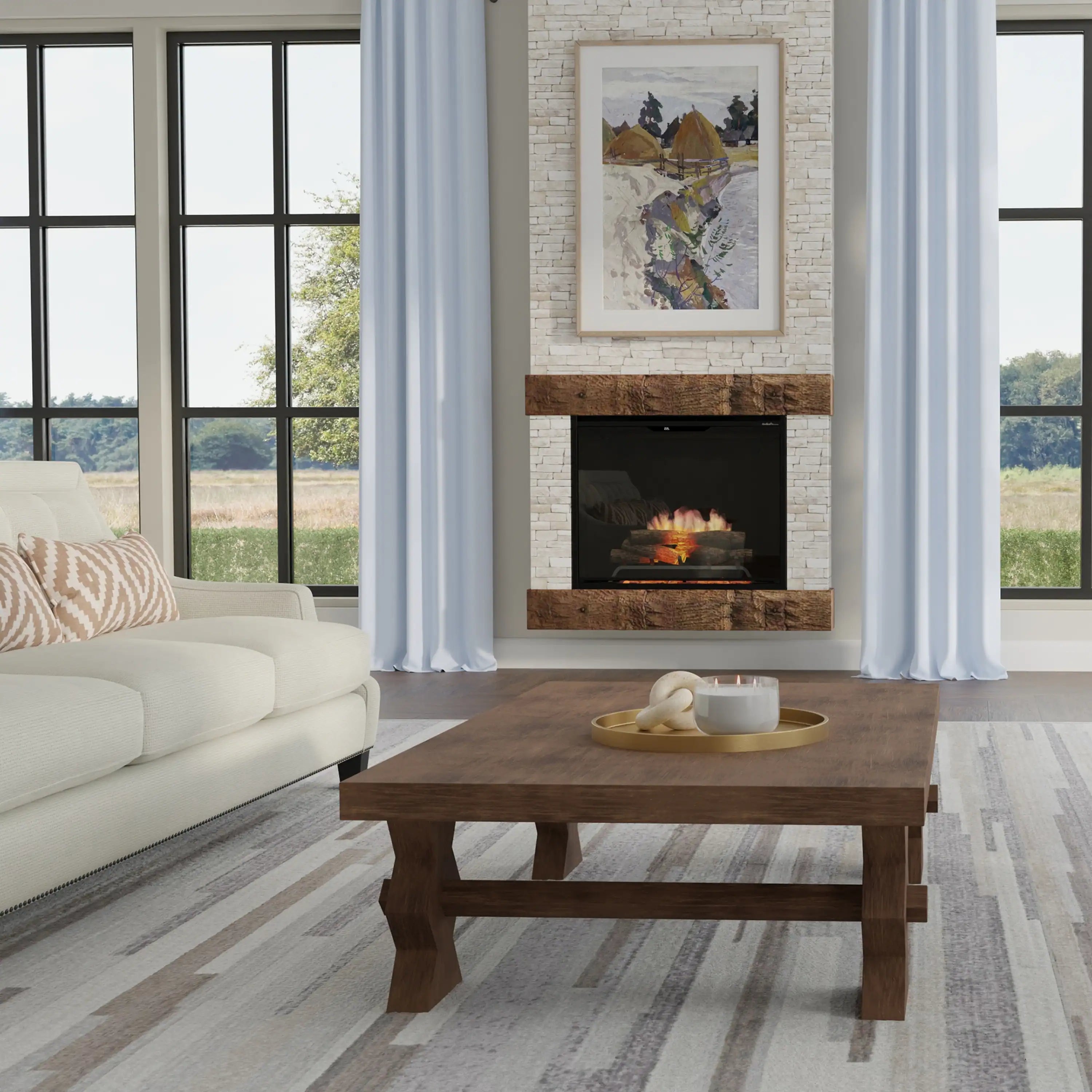 Black fireplace insert with flames and log effect inside a stone surround