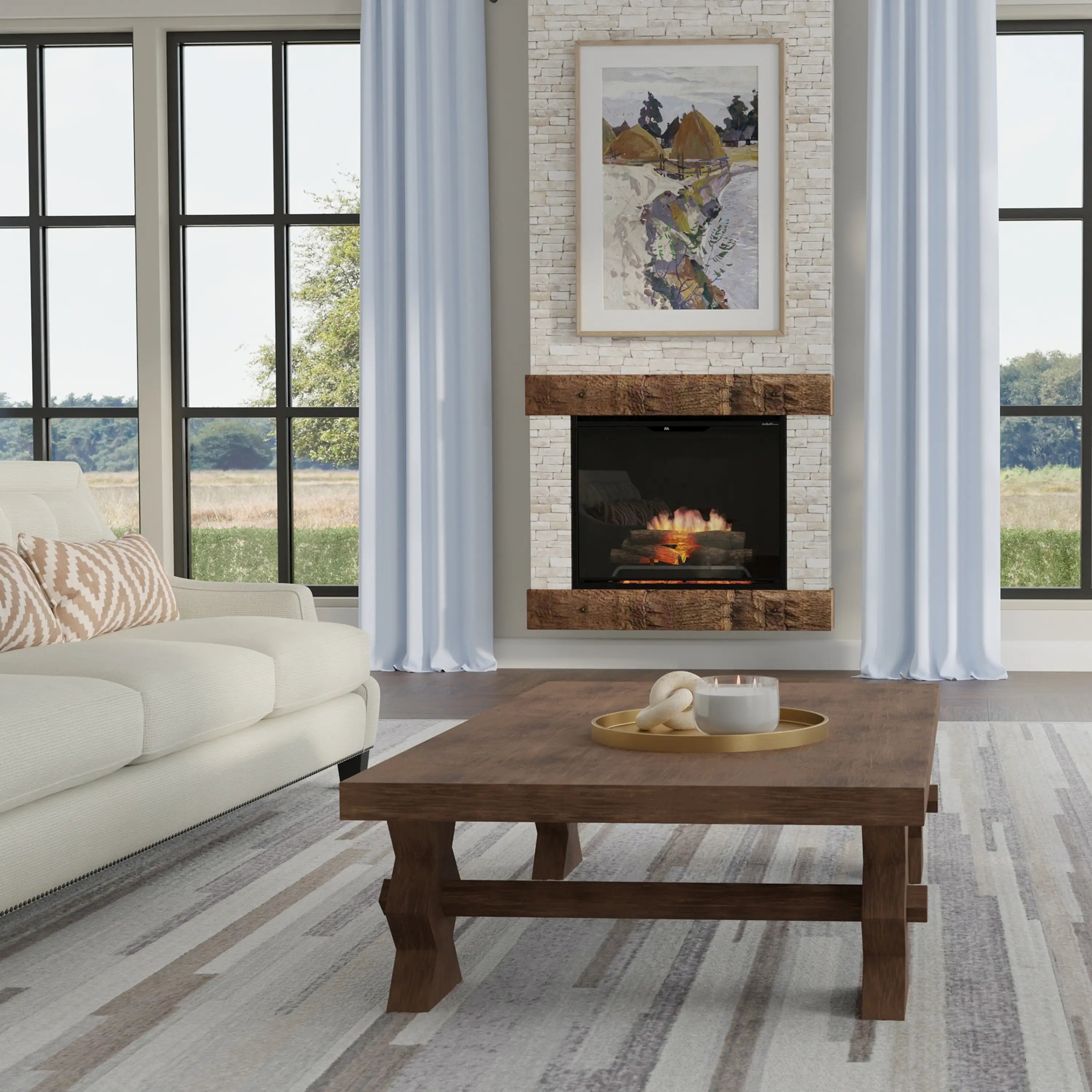 Electric firebox insert with flame effect in a brick fireplace surround