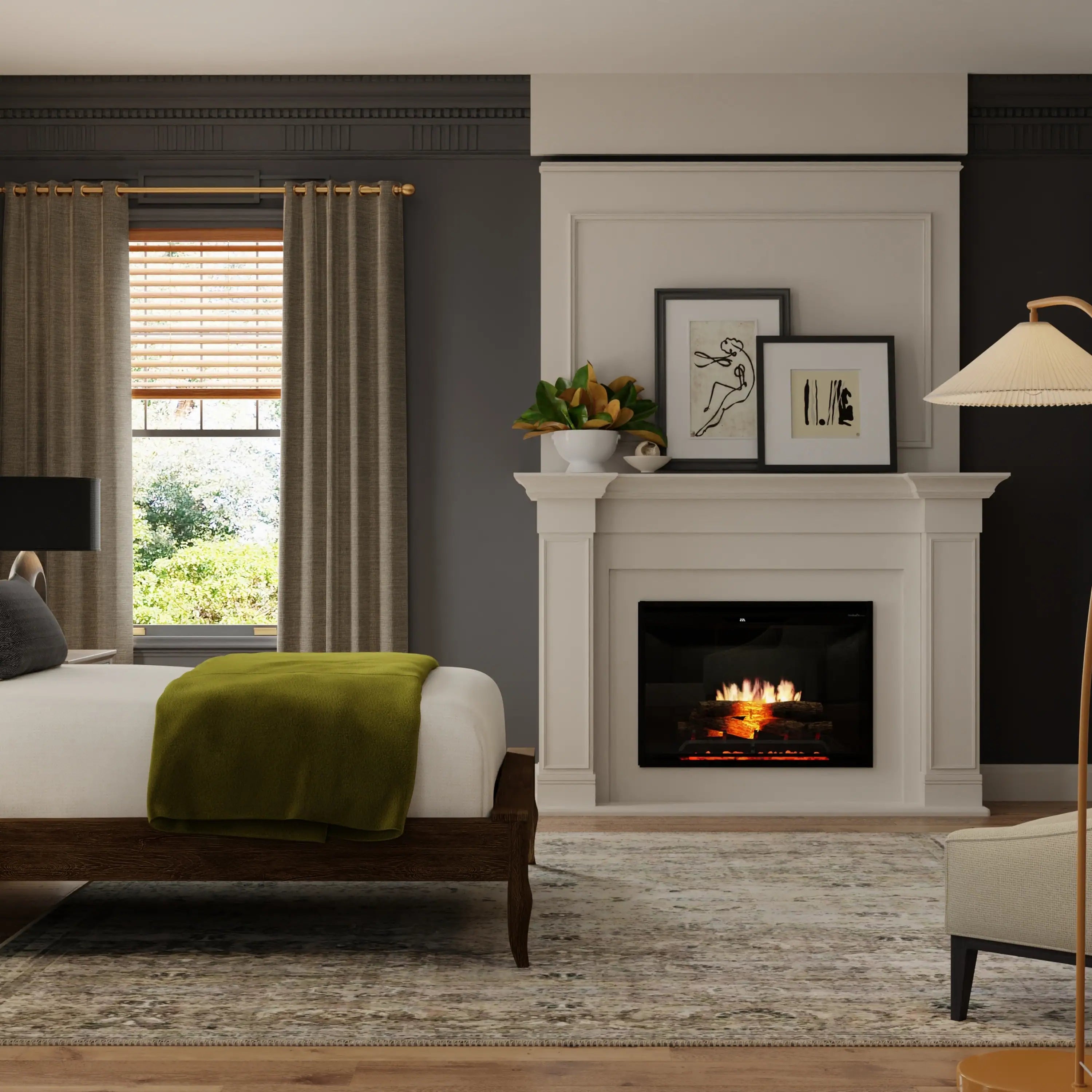 Recessed electric firebox with orange flame effect and logs in a white mantel